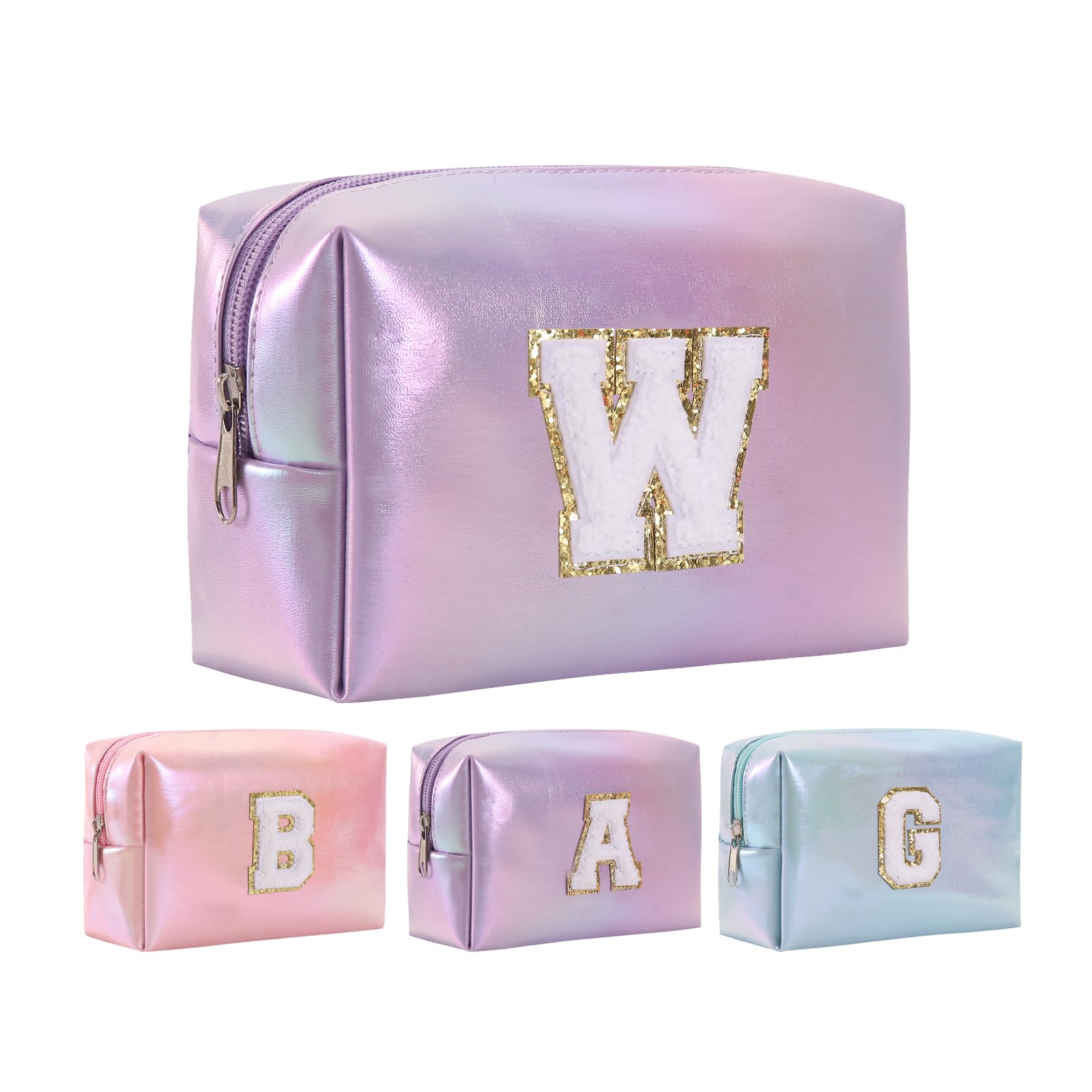 Personalized Initial Makeup Bag, Letter Zipper Cosmetic Bag for Womens , Preppy Makeup Bags, Glitter Waterproof Cute Makeup Pouch, Travel Makeup Bags
