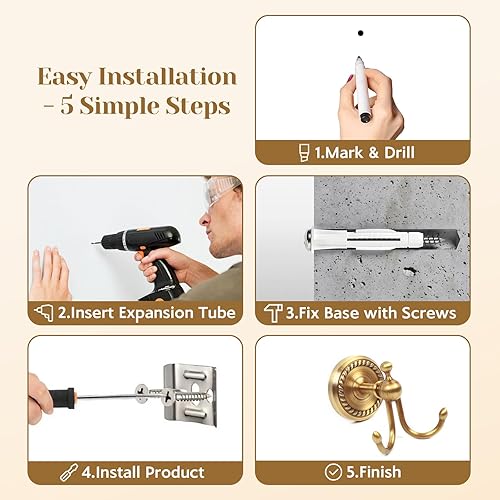 Miniatura 2 de Juego de accesorios de baño de oro antiguo de 7 piezas con toallero y soporte para papel higiénico, organizador de cobre montado en la pared para