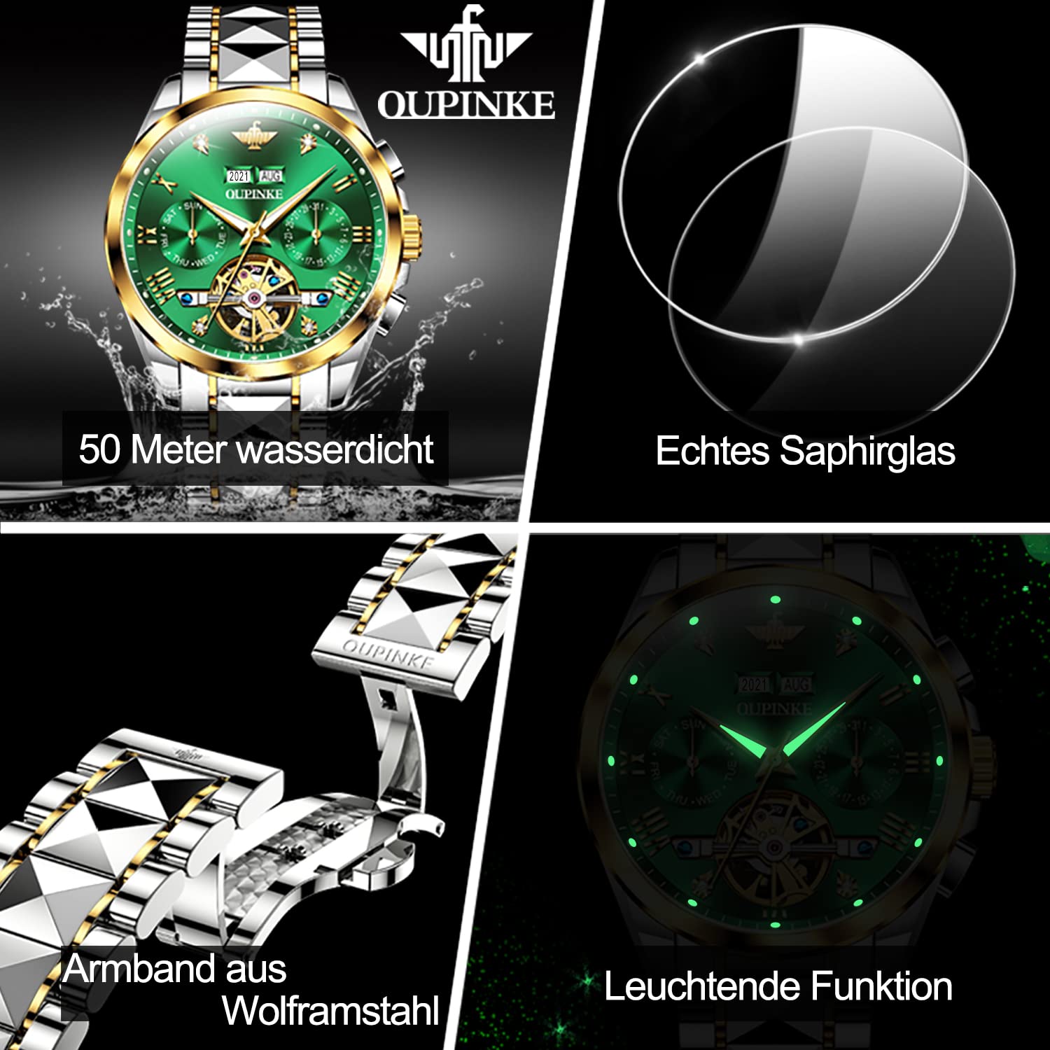 OUPINKE Herrenuhren Automatik Mechanisch Selbstaufzug Skelett Luxus Saphirkristall Diamant Wolframstahl Wasserdicht Business Kleid Uhren Geschenke