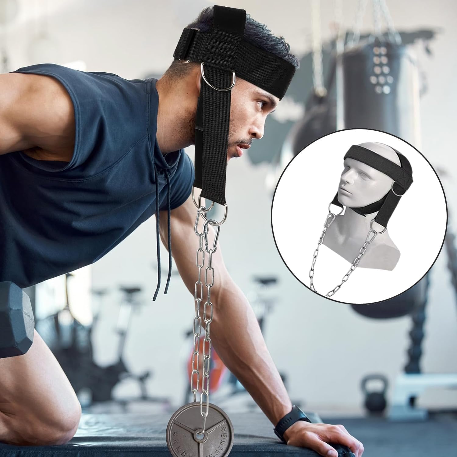 NICERAM Harnais D'Entraînement Du Cou Robuste Et Réglable - Musculation Tête Avec Chaîne, Confortable Pour Renforcement Cou