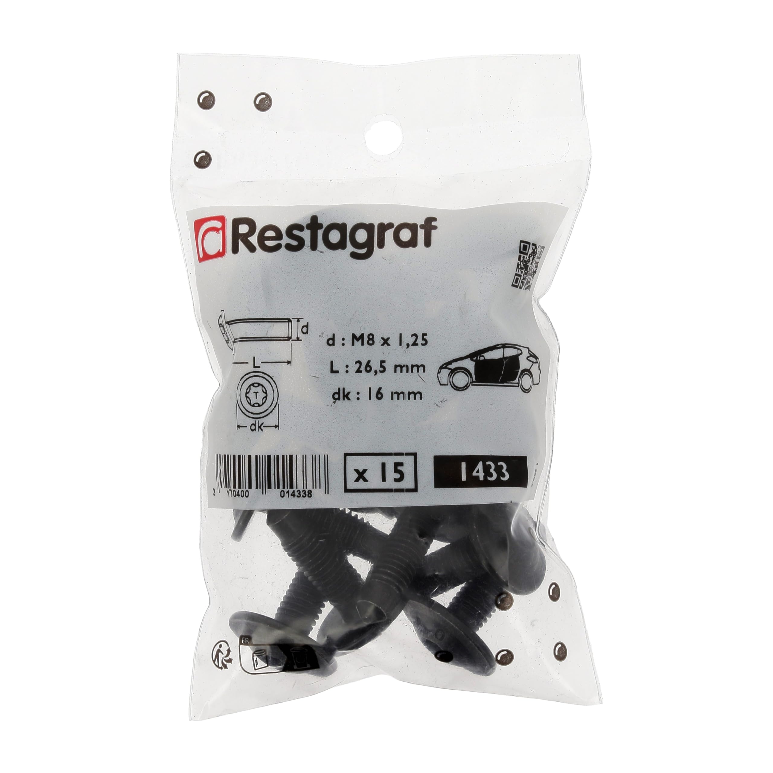 Restagraf - Wkręty cylindryczne, wypukłe, szerokie, Torx, specjalnie do zawiasów drzwiowych – średnica M8 – 1,25 x 26,5 mm – nr ref. 1433 – kompatybilne z Renault – worek 15 sztuk