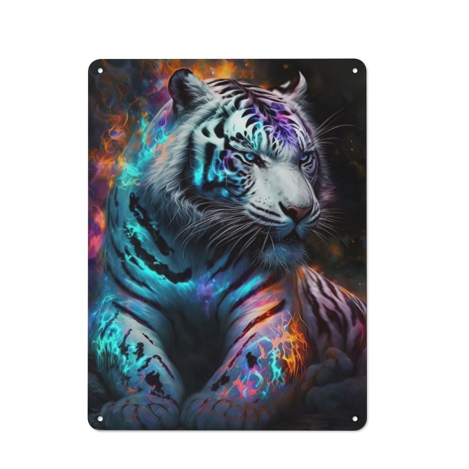 Metal Wall Sign with Tiger Neon Design 40x30cm, Weathered Look Workshop Wall Decor for Garage, Hobby Room, Office Or Man Cave