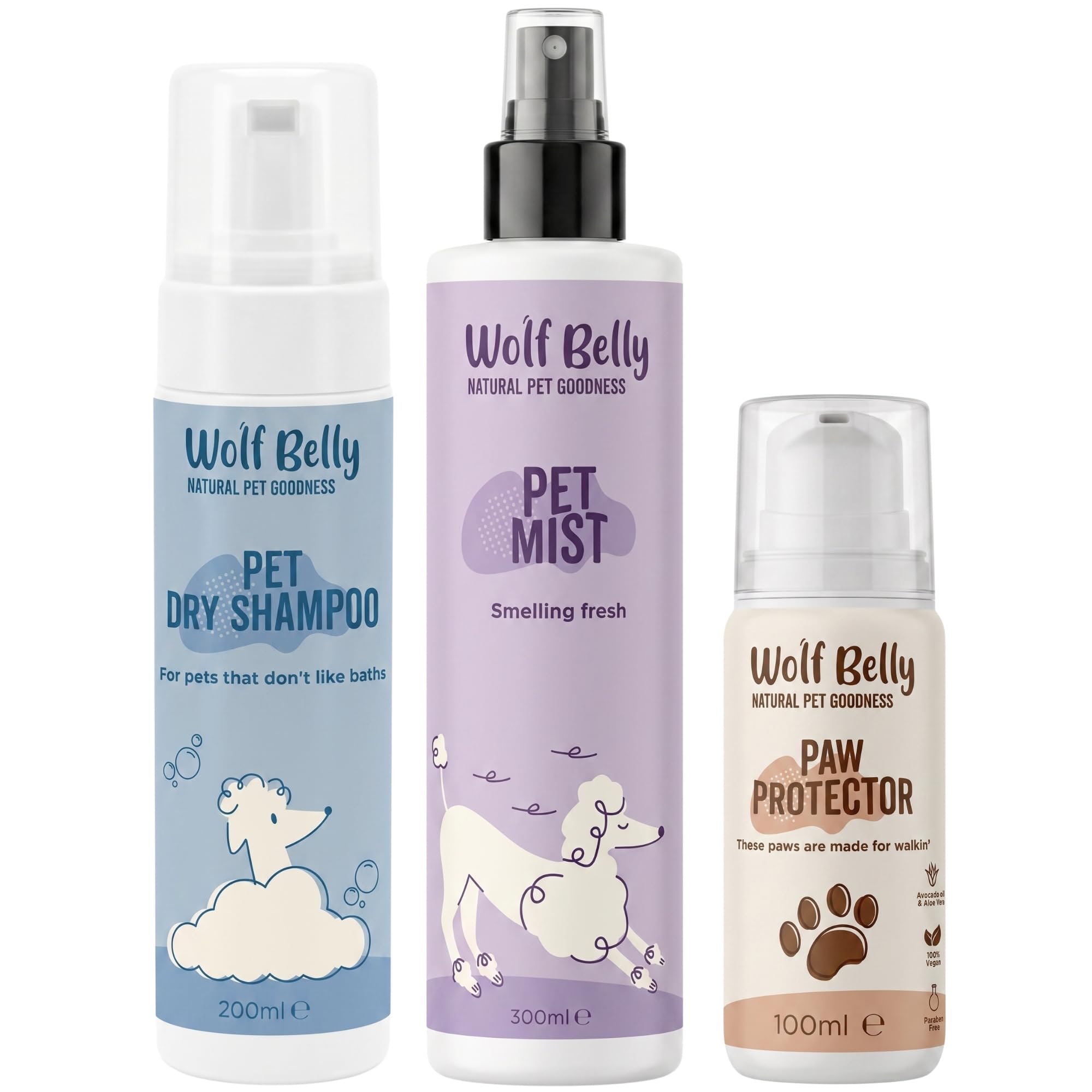Wolf Belly – Pack Higiene sin Aclarado para Perros y Gatos | Champú en Seco + Bruma + Bálsamo Almohadillas | Aloe Vera 99%, Vegano | Hecho en España