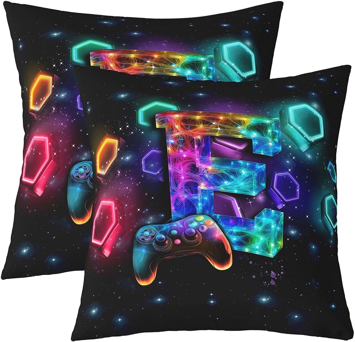 Neon Gaming Monogram Letter E Throw Pillow Covers Colorful Game Controller Square Pillow Cases,Cyberpunk Starry Space Decorative Pillowcases Teen Gamer Cushion Covers 20"*20"*2(Not Inserts)