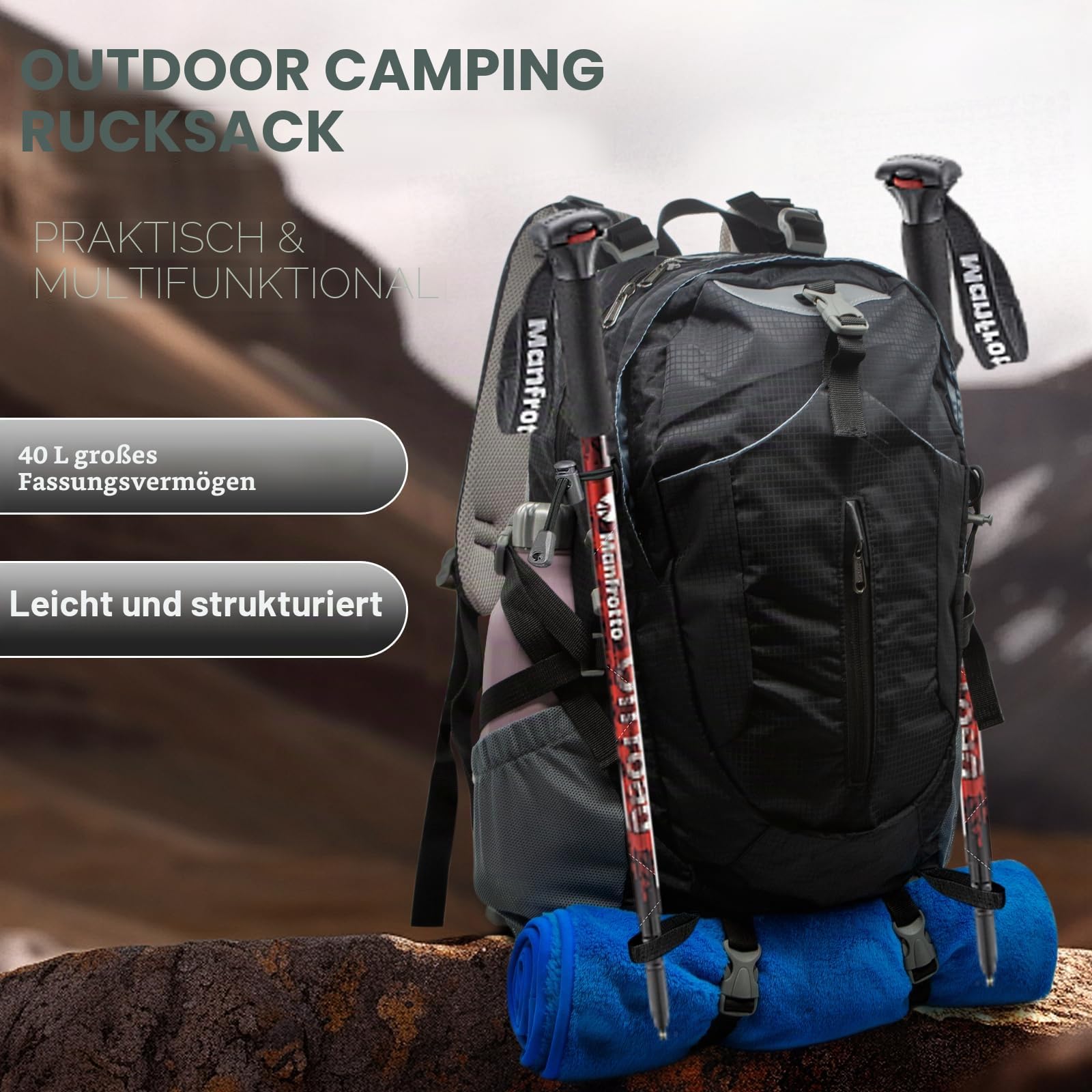 Long Keeper 40L Wanderrucksack Herren Damen Trekkingrucksack Reiserucksack Groß Outdoor Rucksack mit Regenschutz Wasserdicht für Wandern Radfahren Reise
