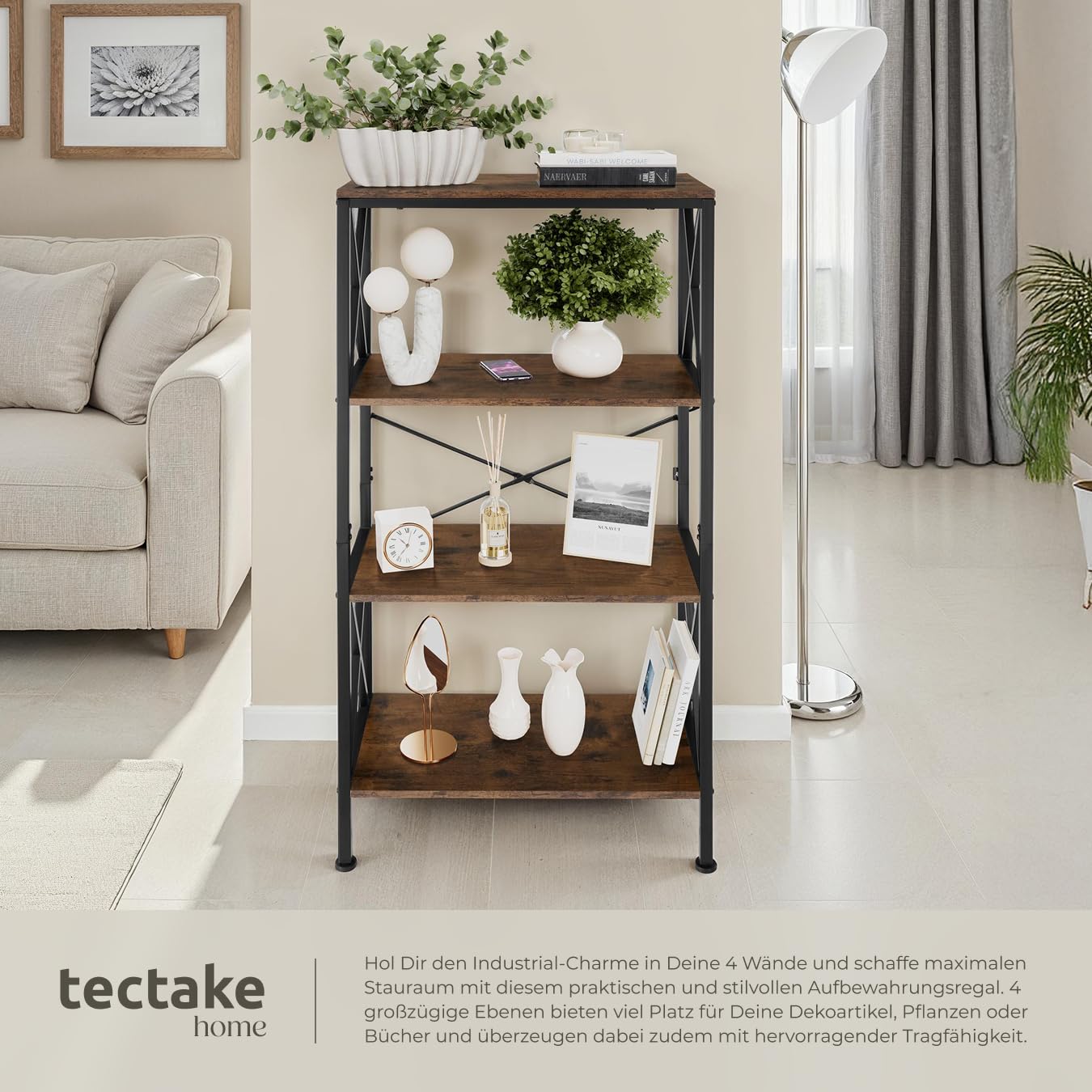 tectake® Industrial Regal mit 4 Ebenen, 61,5 x 31,5 x 133,5 cm, Standregal, Bücherregal, für Deko Wohnzimmer, Möbel für Arbeitszimmer, als Wohnzimmerschrank - Industrial Dunkelbraun