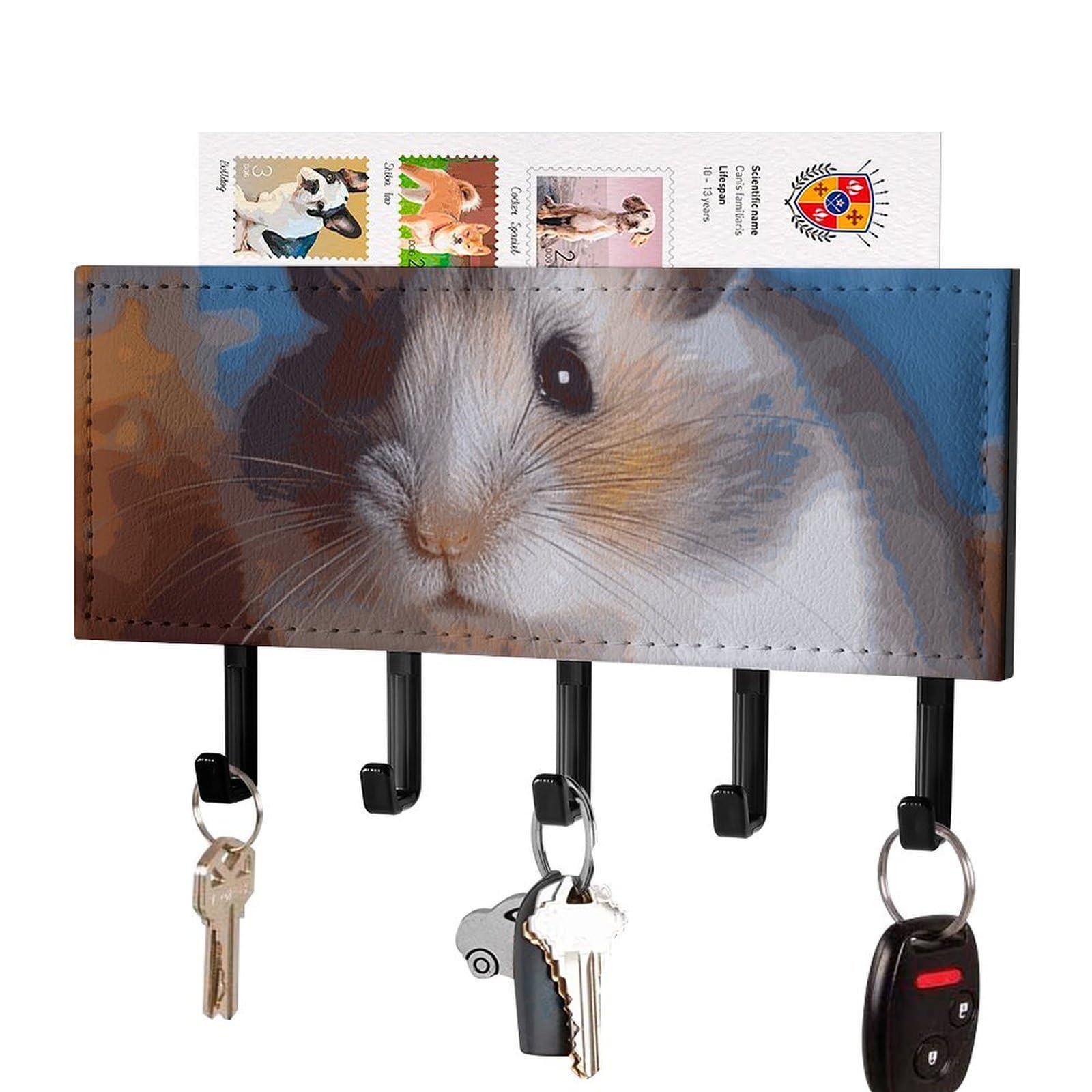 DWVTSLH Hamster Key Holder for Wall, Decorative Key Hooks with Mail Organizer & 5 Hooks, Self Adhesive Leather Key Hanger for Entryway, Wall Mounted Key Rack (7.1” X 4.3” X 0.9”)
