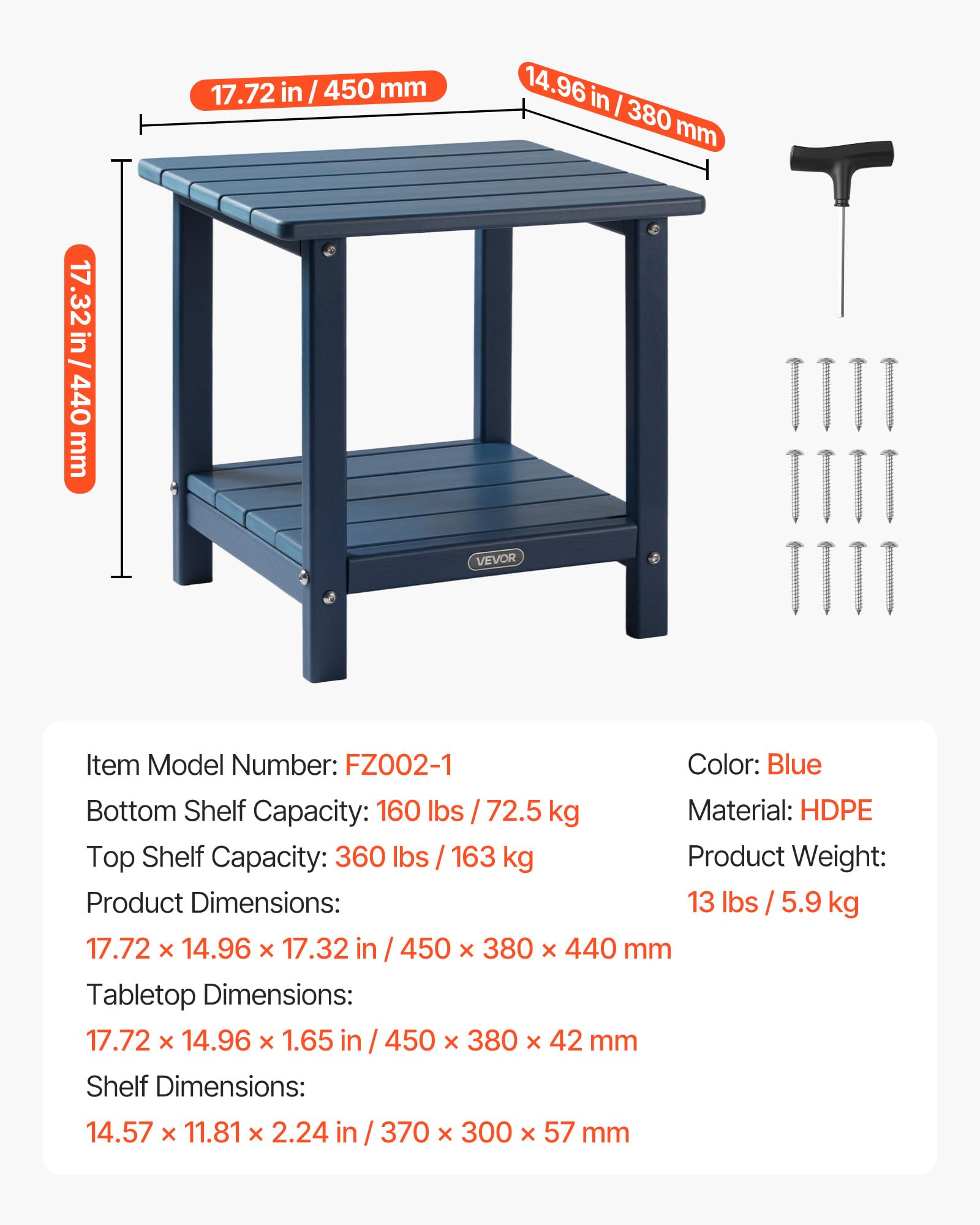 VEVOR Table d'Appoint Extérieur Jardin, 2 Niveaux, 45 x 38 x 44 cm, en PEHD, Entretien Facile, Résiste aux Intempéries, pour Terrasse, Bord de Piscine, Plage, Porche, Patio, Balcon, Intérieur, Bleu