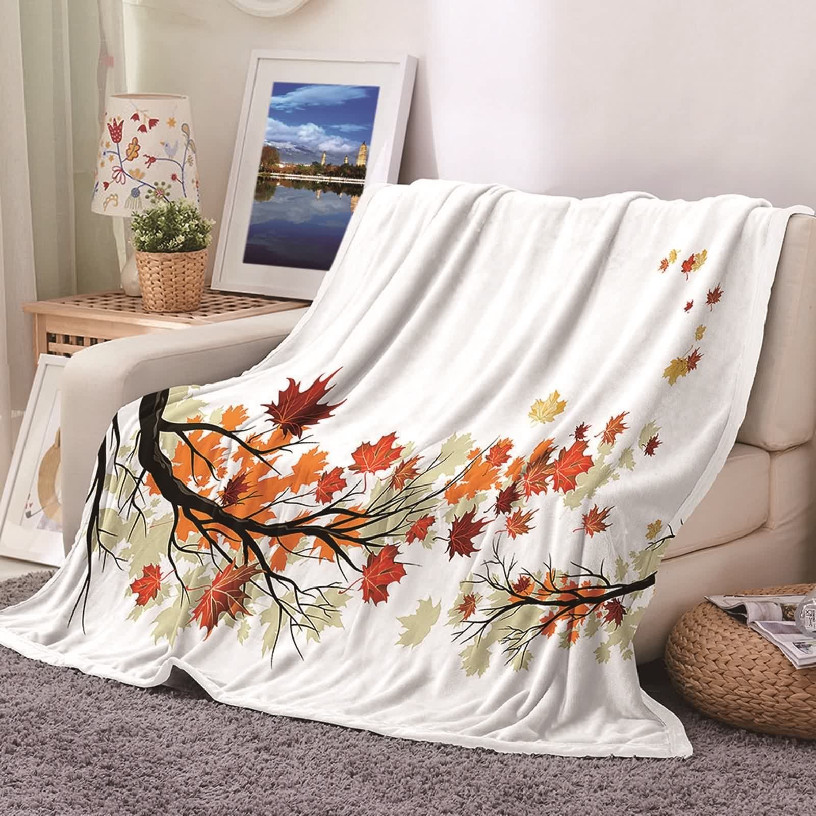 Plaid polaire flannel 130x150 couverture lit canapé orange blanc motif feuilles d'érable douillet