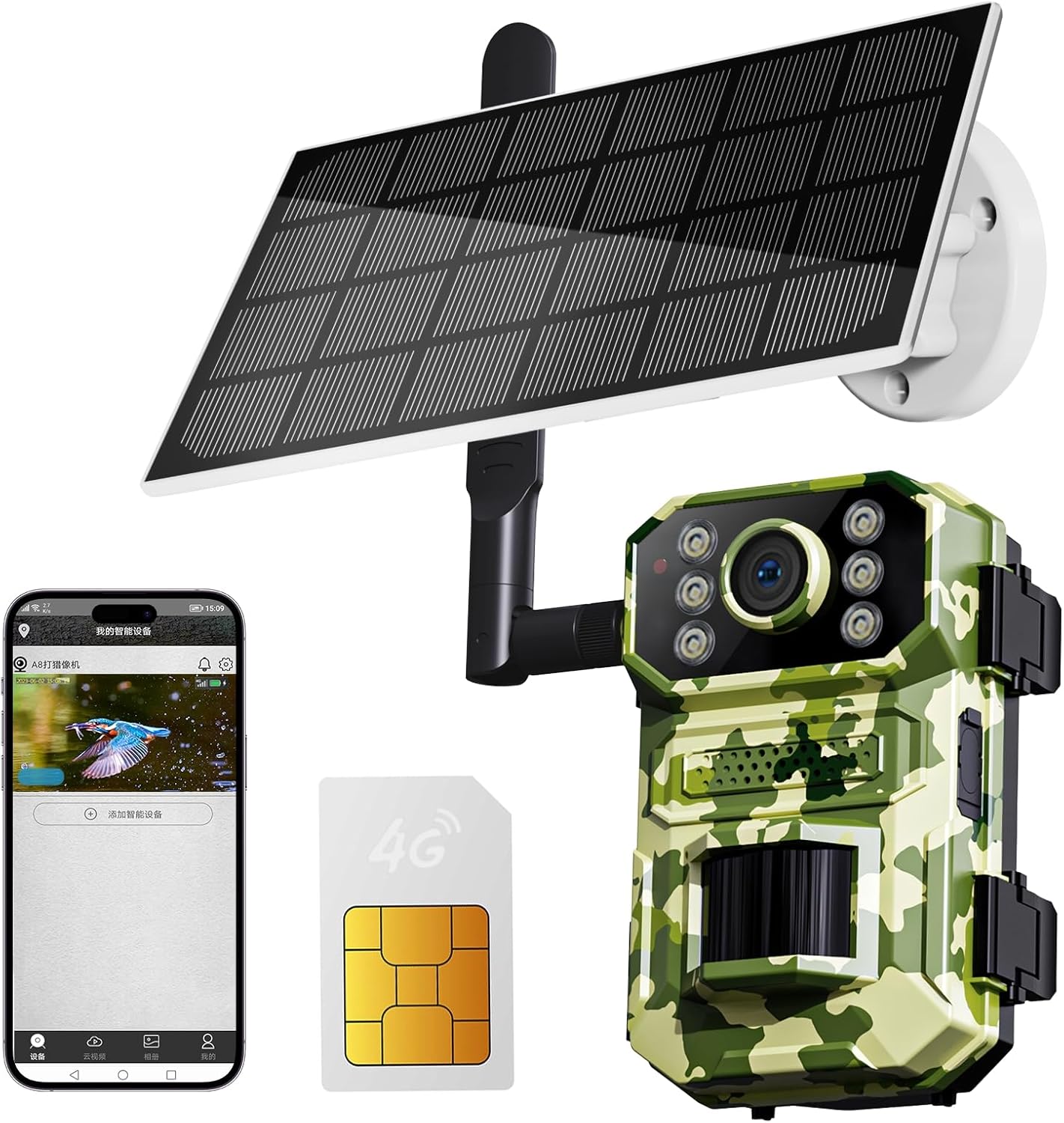 4G LTE Smart Trail Camera,HD Night Vision, IP65 Waterproof, 0.3s Trigger Speed, 2K Live Video & Photo, Motion Capture,Hunting Cam with SIM Card,Solar Power Charging,APP Control.