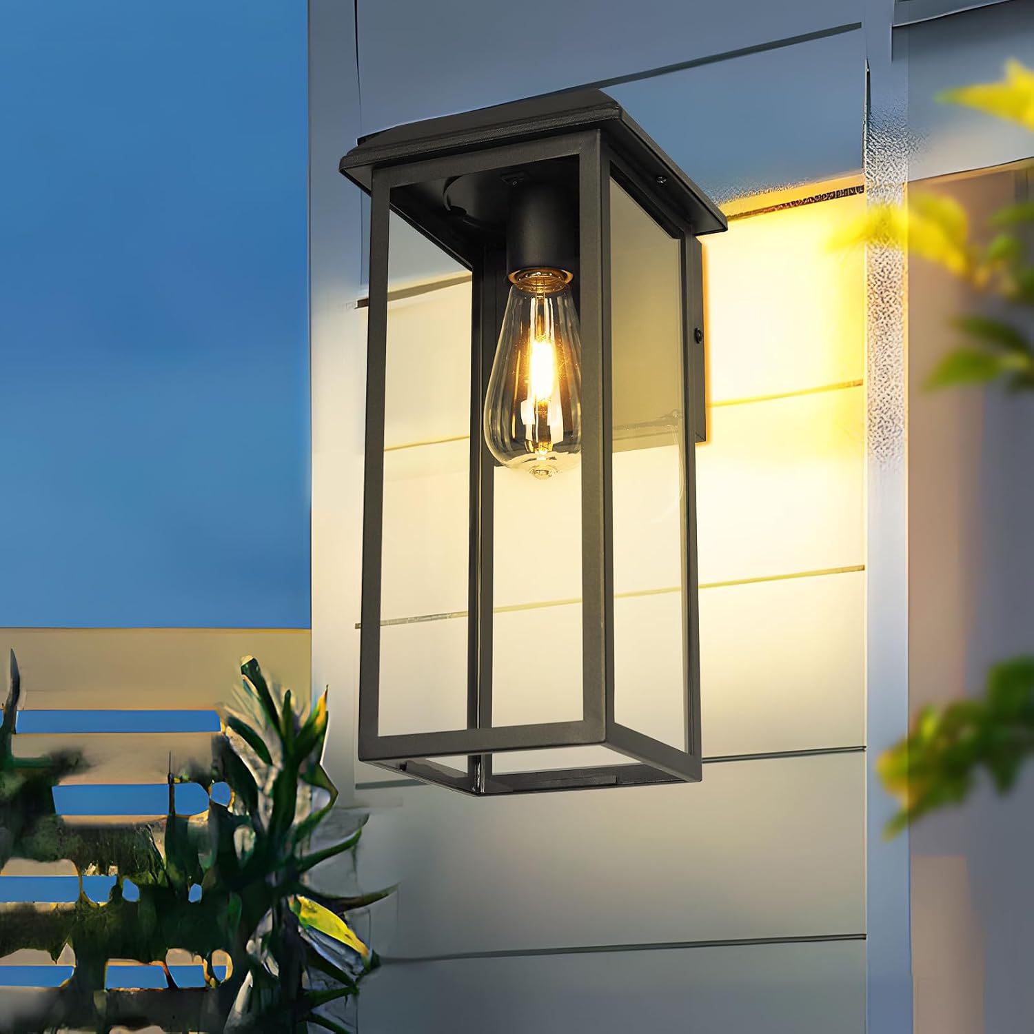 Solar Outdoor Wall Sconce Light, Exterior Wall Light Fixture Solar Powered, Anti-Rust Modern Contemporary Black Outside Lantern Lamp with Clear Glass for House Front Porch Doorway Patio,RZSR008A