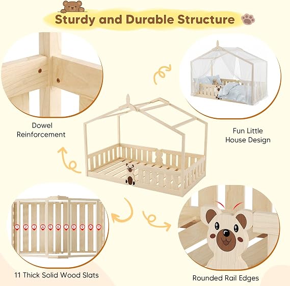Natural Toddler House Bed 90x200cm, Pinewood Montessori Bed with Guardrails