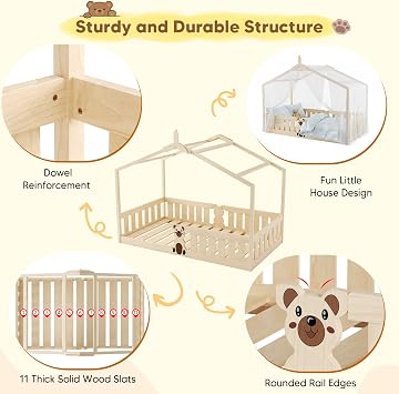 Natural Toddler House Bed 90x200cm, Pinewood Montessori Bed with Guardrails