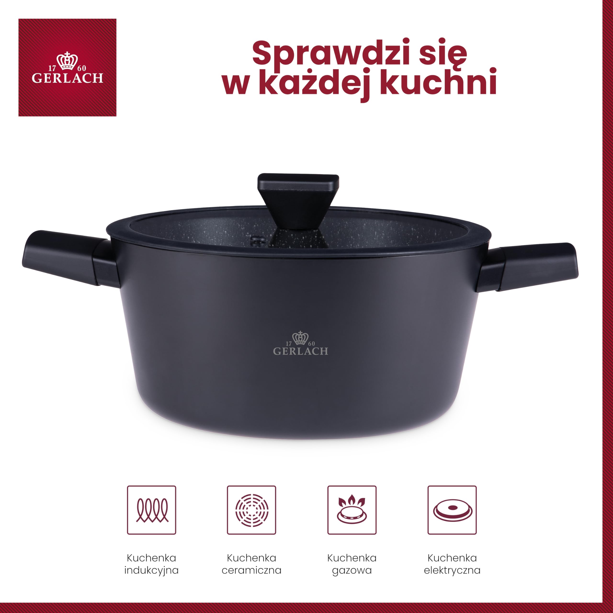 Gerlach Granitex Garnek Z Powłoką Ceramiczną Garnki z Pokrywką Indukcja Elektryczne Gazowe Ceramiczne Kuchenki Czarny 24 cm 4,4L