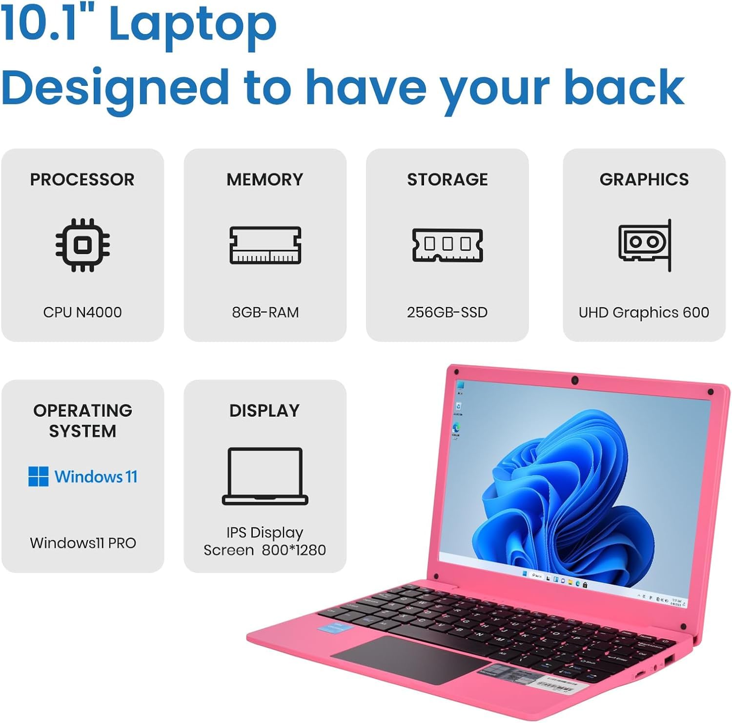 Mini computer portatile con processore Celeron (fino a 2,6 Ghz), 8 GB di RAM, SSD da 256 GB, schermo HD IPS, notebook educativo portatile per apprendimento, lavoro d'ufficio, rosa
