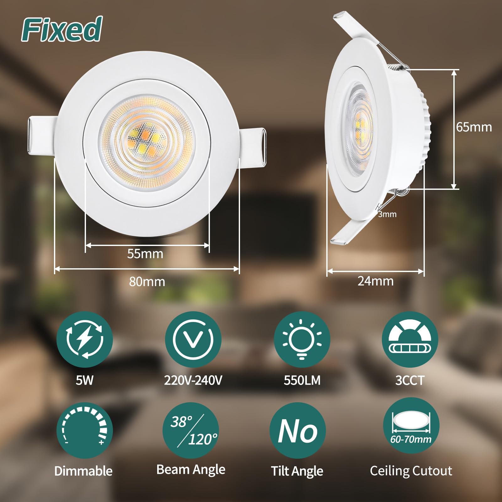 KYOTECH LED Einbaustrahler Dimmbar 230V, 5W 550LM Austauschbare Lichtquelle Deckenspots 3000K/4000K/6500K, LED Spot Flach IP44 Einbauleuchten 60-70mm für Badezimmer, Weiß 6er Set (Nicht Drehbar)