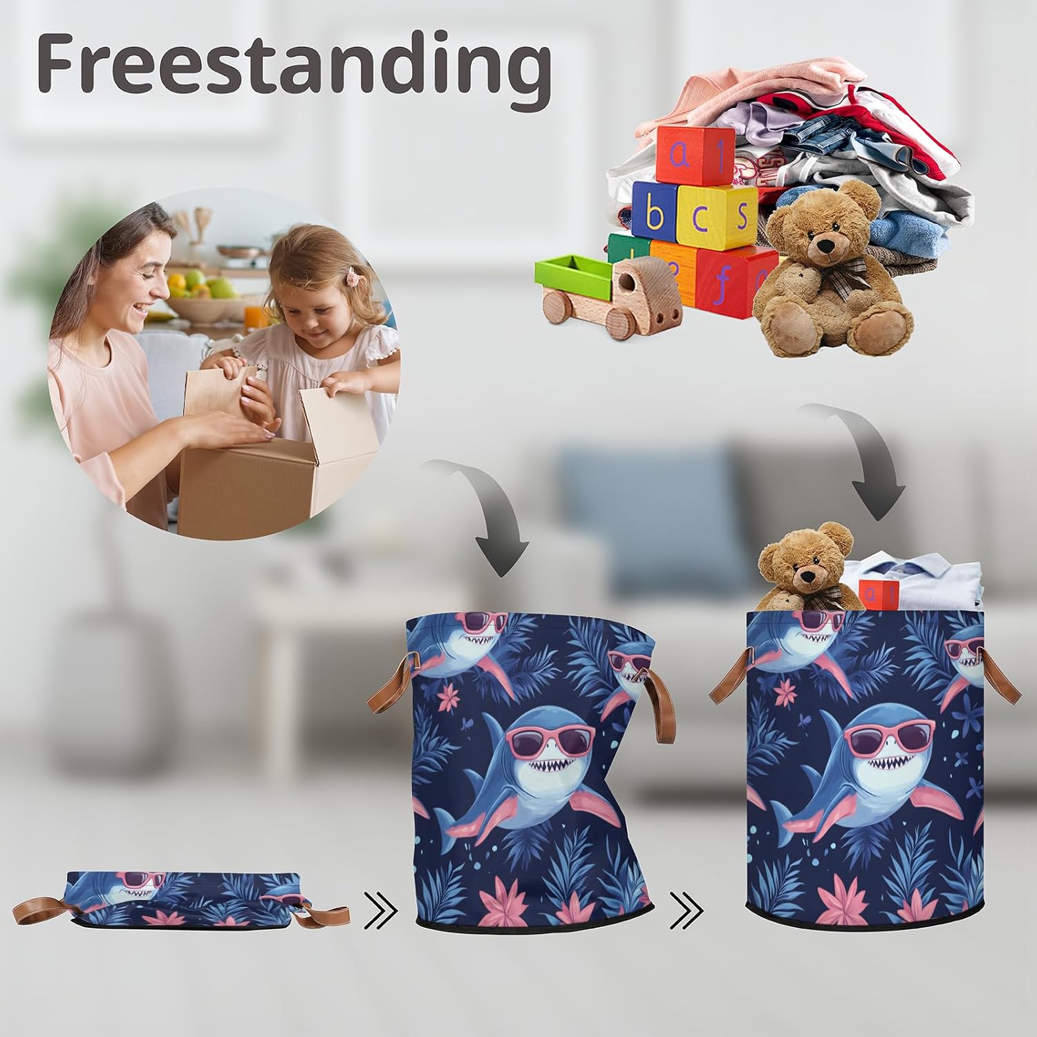 Shark Tropical Flowers Laundry Basket Foldable Storage Baskets Round Laundry Hamper With Handle for Gift Baskets/Laundry Storage/Bedroom and Utility Room Storage Bins Sharks Fashion