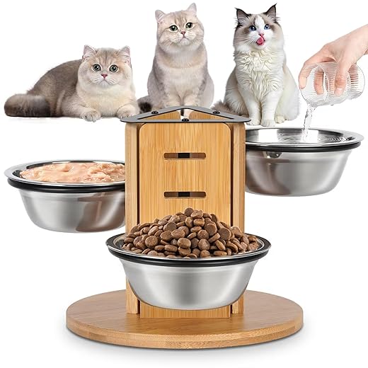 Elevated Cat Bowls, Raised Cat Bowl Feeding Station 3 Adjustable Heights Dishes for Food and Water Bowl Set Heavy Duty Base with 3 Stainless Steel Bowls for Indoor Cats Small Dogs