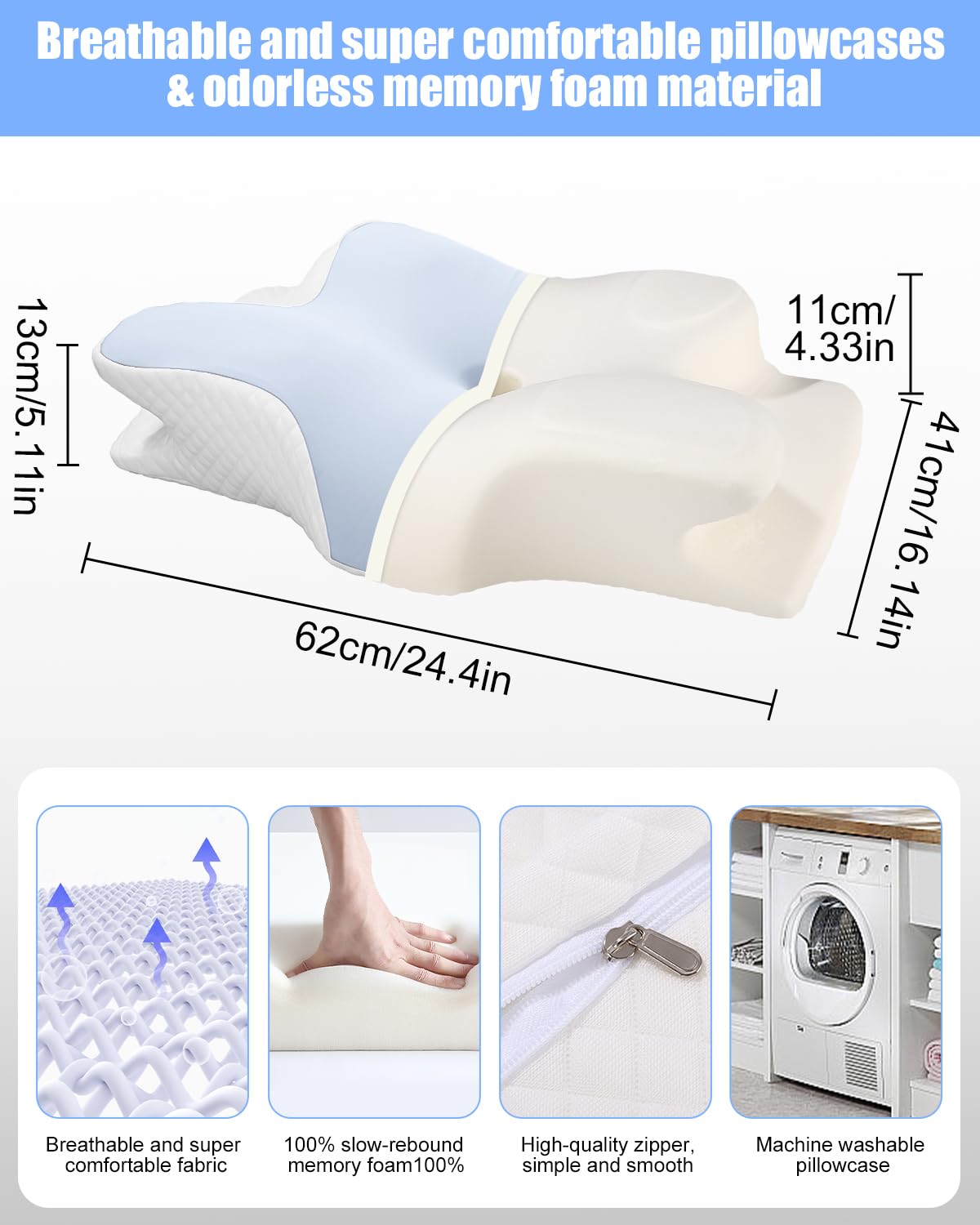 Almohada cervical, almohada para dormir de lado, almohada de espuma viscoelástica, almohada cervical ergonómica, almohada de soporte, para una óptima comodidad. Almohada para dormir de lado, espalda y