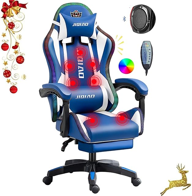 SAVELO Gaming Chair with Speakers, Ergonomic High Back Gaming Chair with Footrest Massage and LED Light Adjustable Armrest Racing Chair for Kids Adults PU Leather Computer Chairs