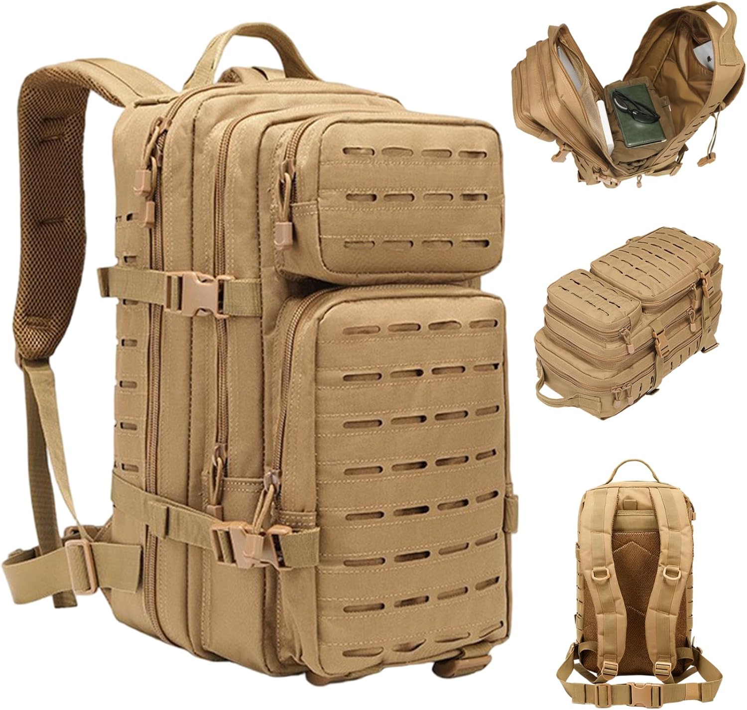 Tacticals Backpack for Men Molle System Survival Backpack Water-Resistant Multifunctional Hunting Bag for Travel Camping Hiking Sports, Khaki Hunting Survival Tacticals Bag
