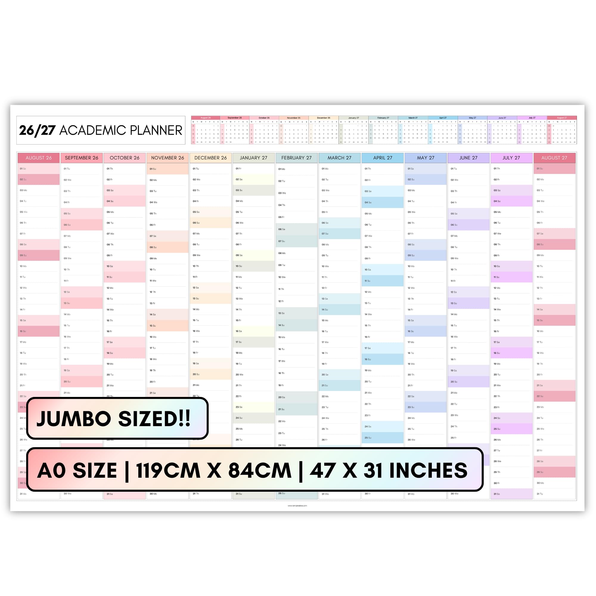 2026-2027 Giant Academic Monthly Wall Planner A0 | DOUBLE SIDED JUMBO Colourful Year Planner Poster, Aug 2026-2027, Full Year to View | Organiser for University, School, Home (Colourful - Horizontal)