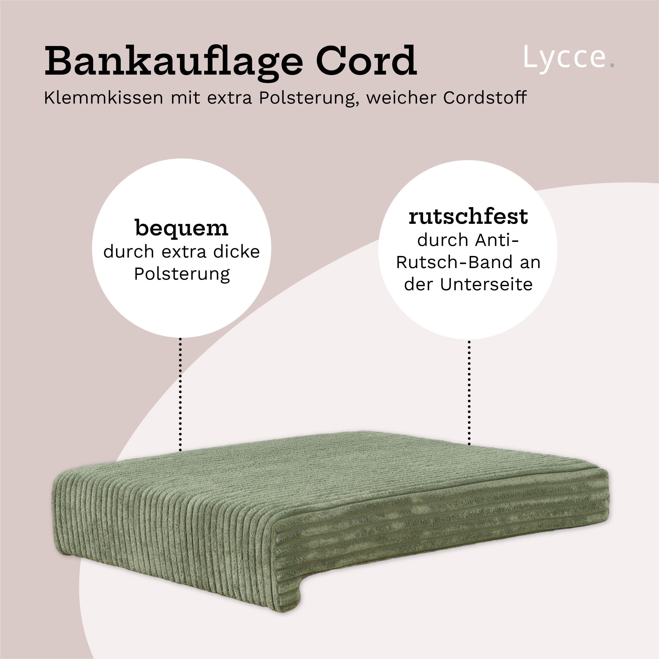 Lycce Coussin de banc à pince, 1 barre en tissu côtelé, rembourrage supplémentaire, profondeur du banc à partir de 35 cm (sauge)