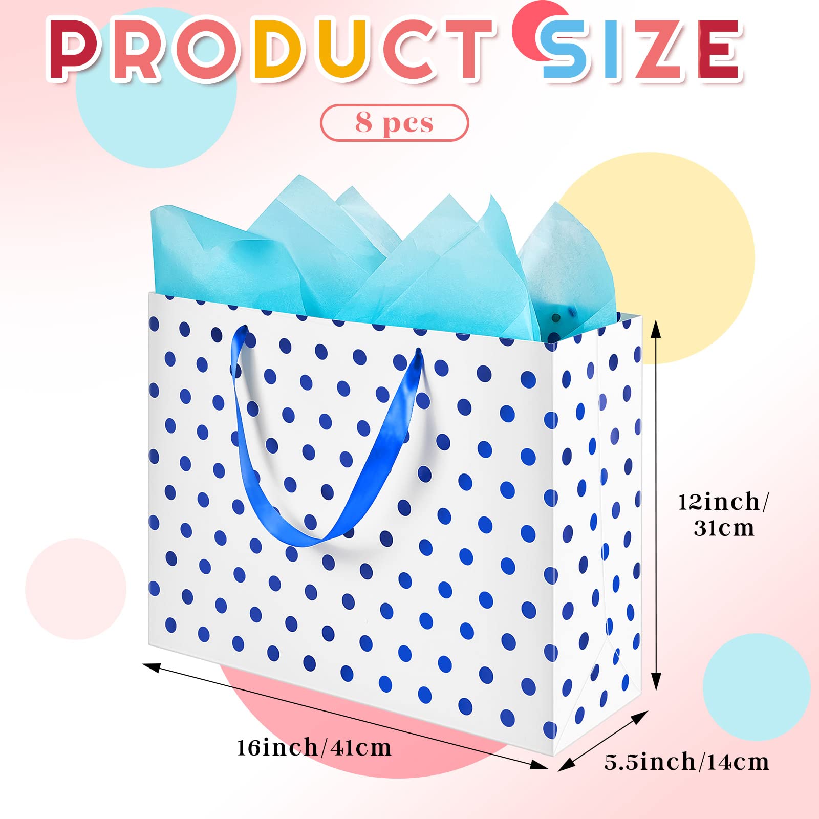 Henoyso 8 Pcs 16'' Extra Large Gift Bags Metallic Dots Present Bags with Handles and Paper for Christmas Wedding Holiday Birthday Party (Multicolored)