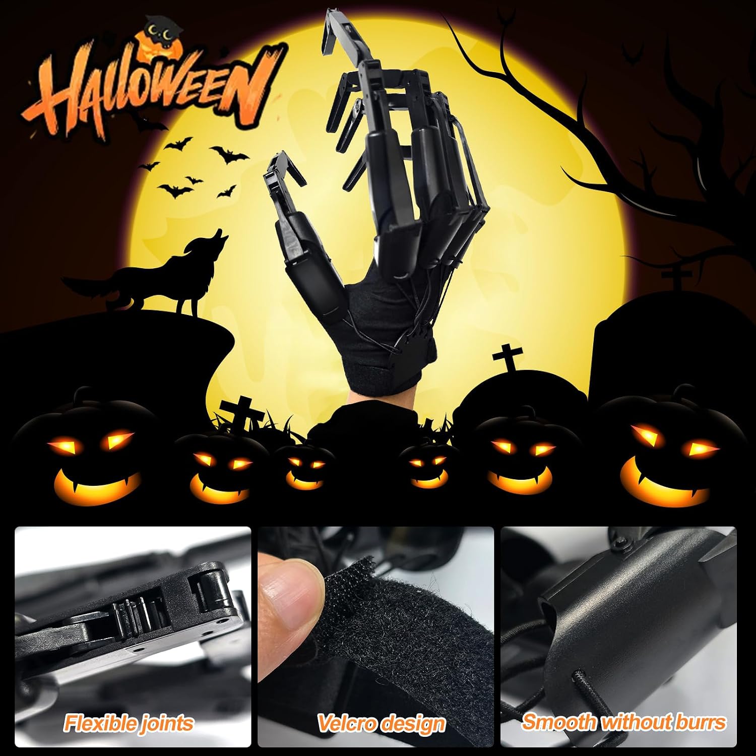 Halloween Articulated Fingers Extension Skeleton Gloves Fake Fingers Scary Props Long Claws Hand Halloween Props Cosplay Prop