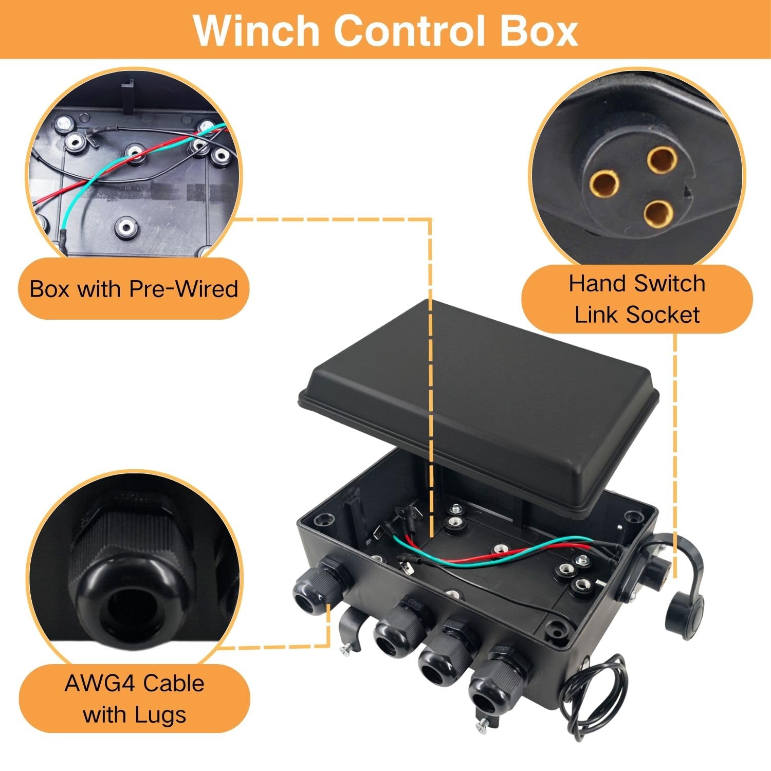 12V 500A Winch Solenoid Contactor Relay Kit with Control Box 4 Pre-Wired Cables and Corded Hand Controller for 8000lbs - 20000lbs Electric ATV UTV Winches