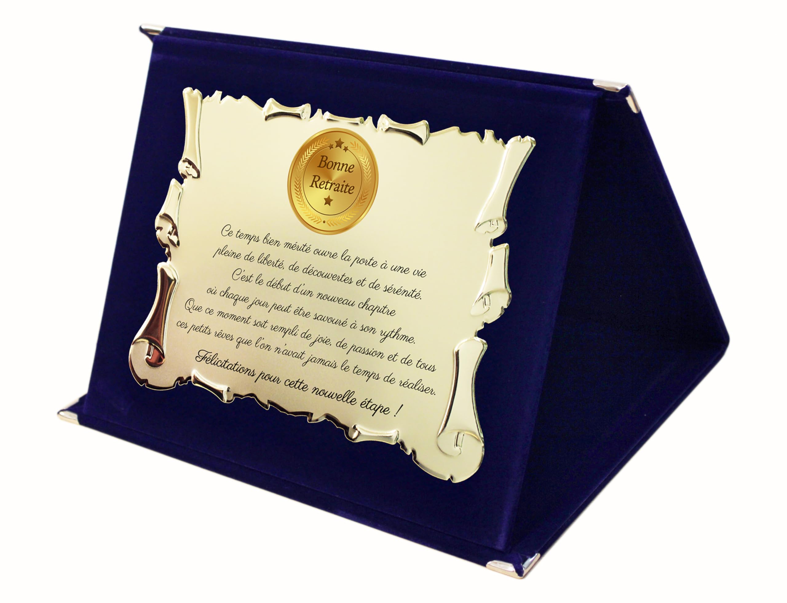 Plaque De Retraite Dorée Avec Coffret Velours - Cadeau Départ Retraite Homme/femme - Texte émotionnel - Format 20x15 Cm