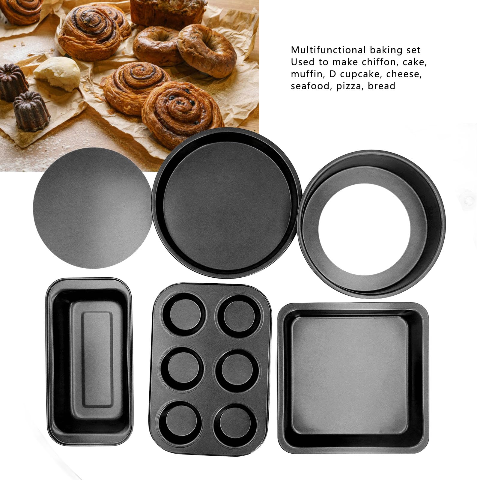 Fuchooky 6pcs Baking Set Loose Bottom Anti Stick Carbon Steel Cake Pizza Bread Pan for Home Kitchen (Black)