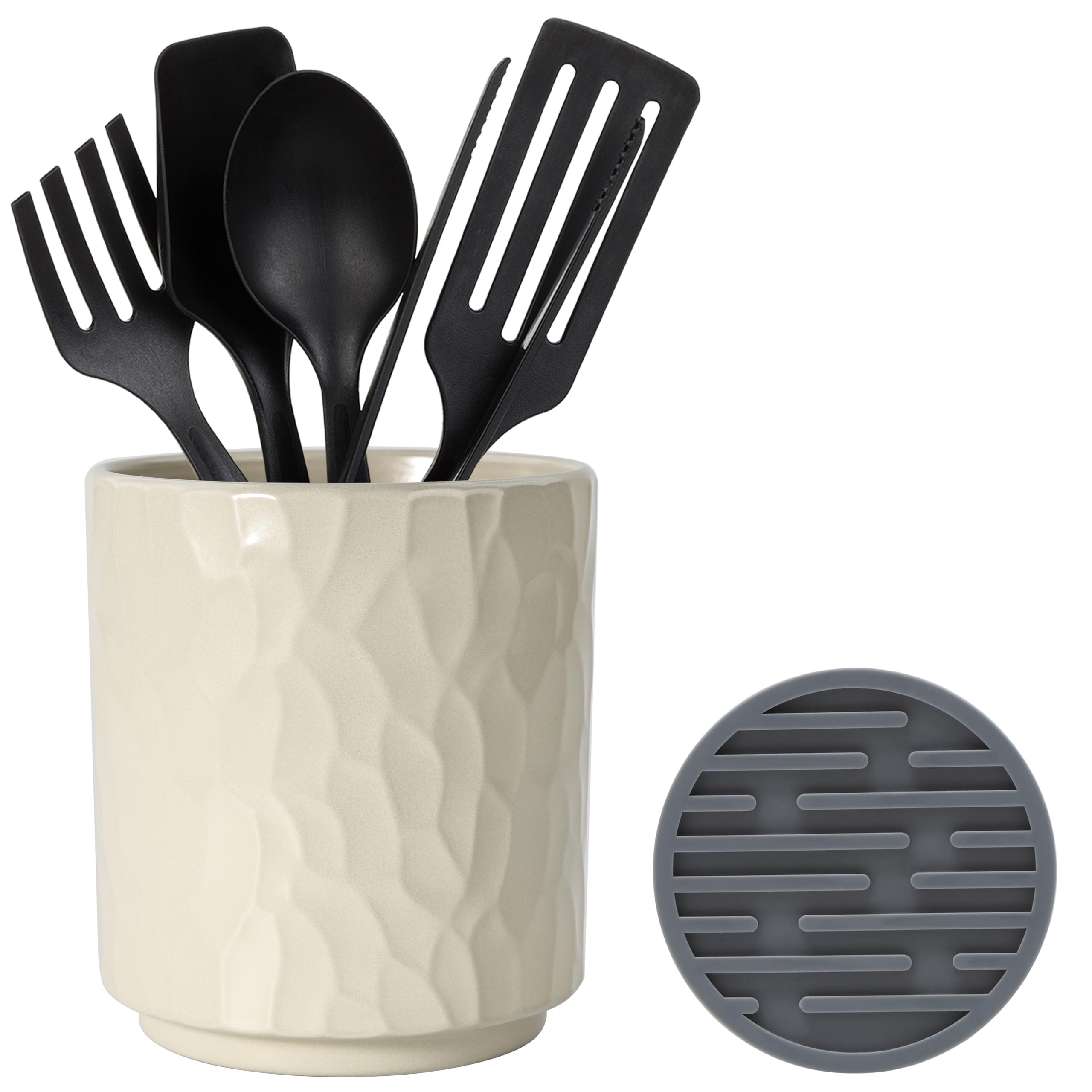 MONOSUGO Small Ceramic Utensil Holder for Kitchen Counter Countertop Cooking Utensil Cup Holder for Kitchen Crock for Utensils on Counter Includes Silicone Drying Mat Geometric Pattern Beige