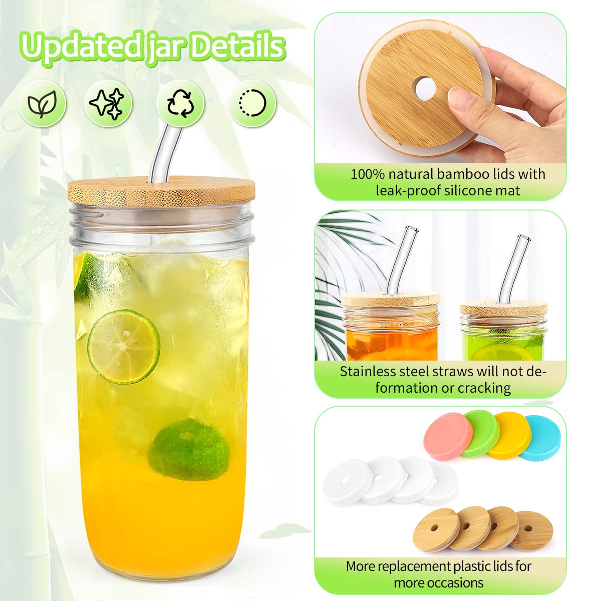 4 Pack Glass Cups Set - 24oz Mason Jar with Bamboo Lids and Glass Straw & 12 Airtight Lids, Brush - Boba Drinking Glasses, Reusable Travel Tumbler Bottle for Iced Coffee, Smoothie, Bubble Tea, Gift