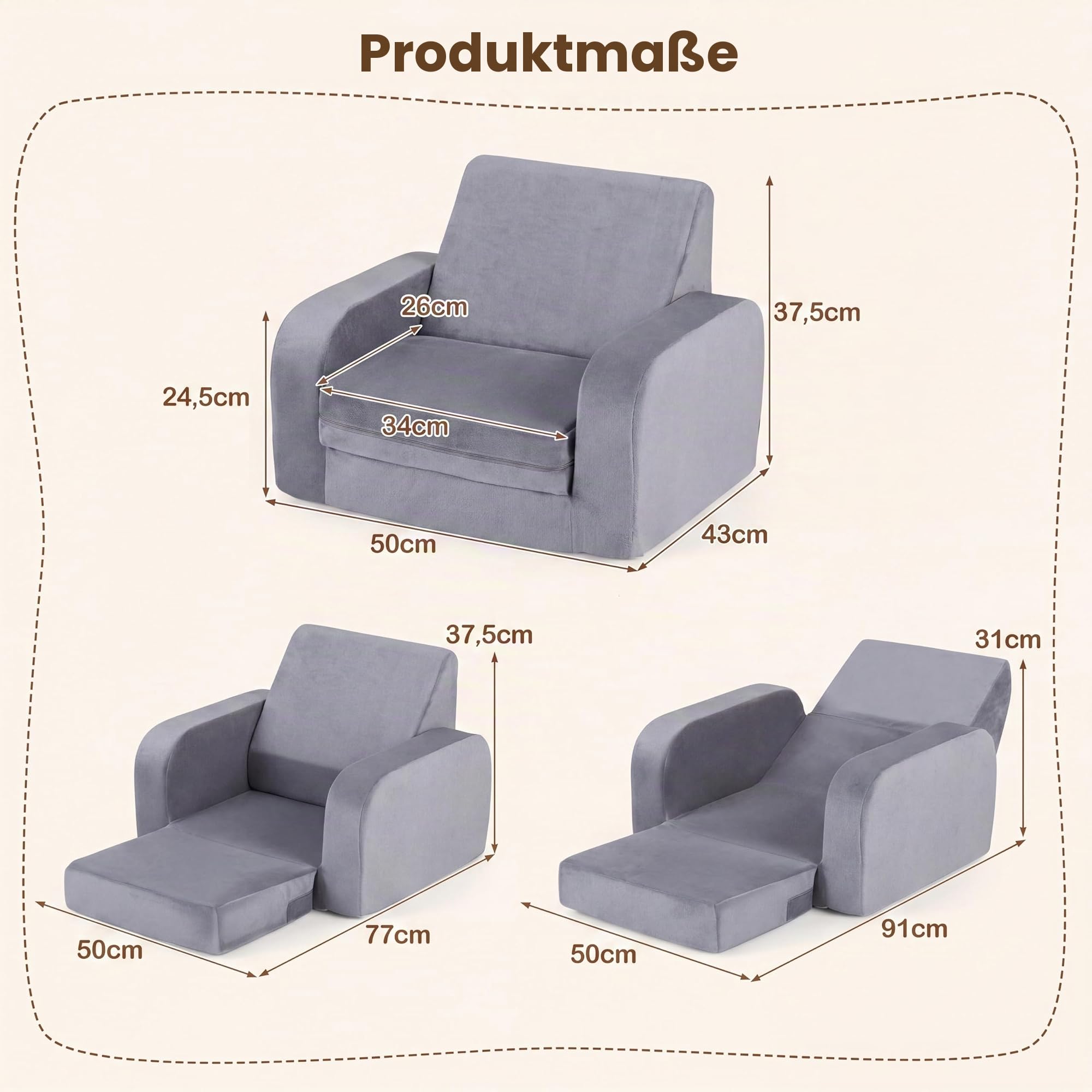 LIFEZEAL Kindersofa, 3-in-1 Klappbares Kindersessel, Schlafsofa mit abnehmbarem Bezug, Bequemes Bettsofa für Kleinkinder, Mini Baby Sofa für Schlafzimmer, Spielzimmer