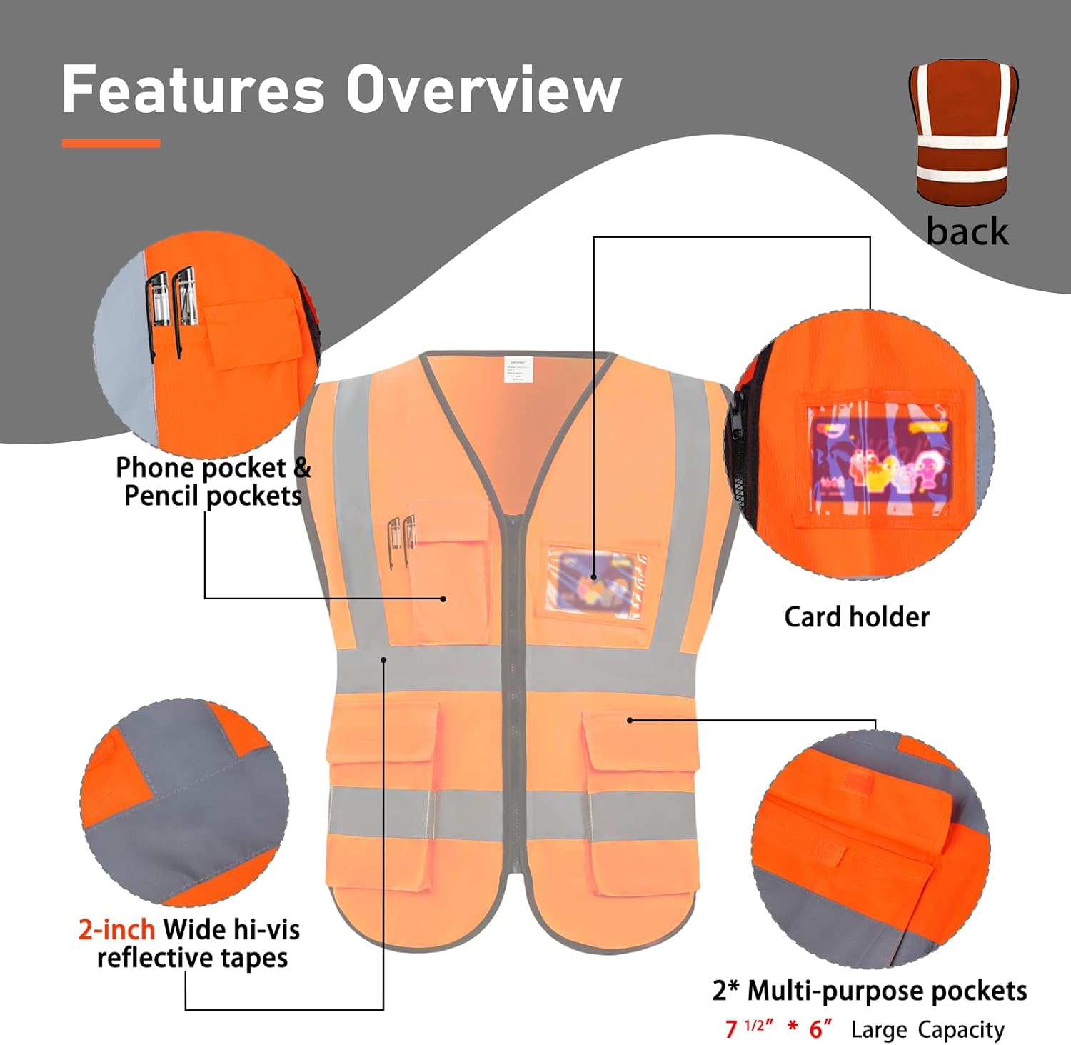 High Visibility Vest Safety Vest with Pockets and Zipper Meets ANSI/ISEA Standard(1 Pack 5 Pack) - Image 2