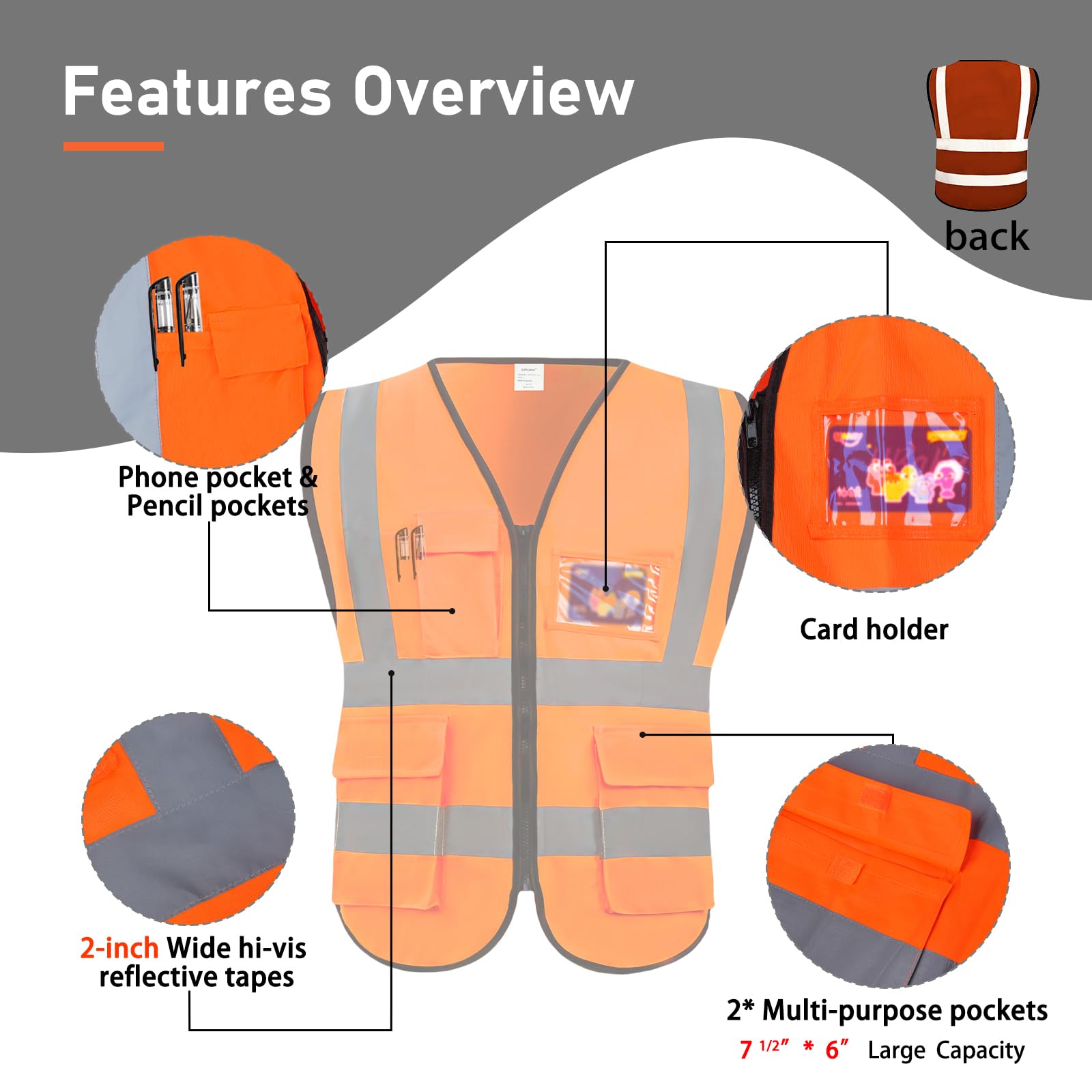 Gilet ad alta visibilità con tasche e cerniera, conforme allo standard ANSI/ISEA (1 confezione da 5 pezzi), Arancione/Rosso, 3XL