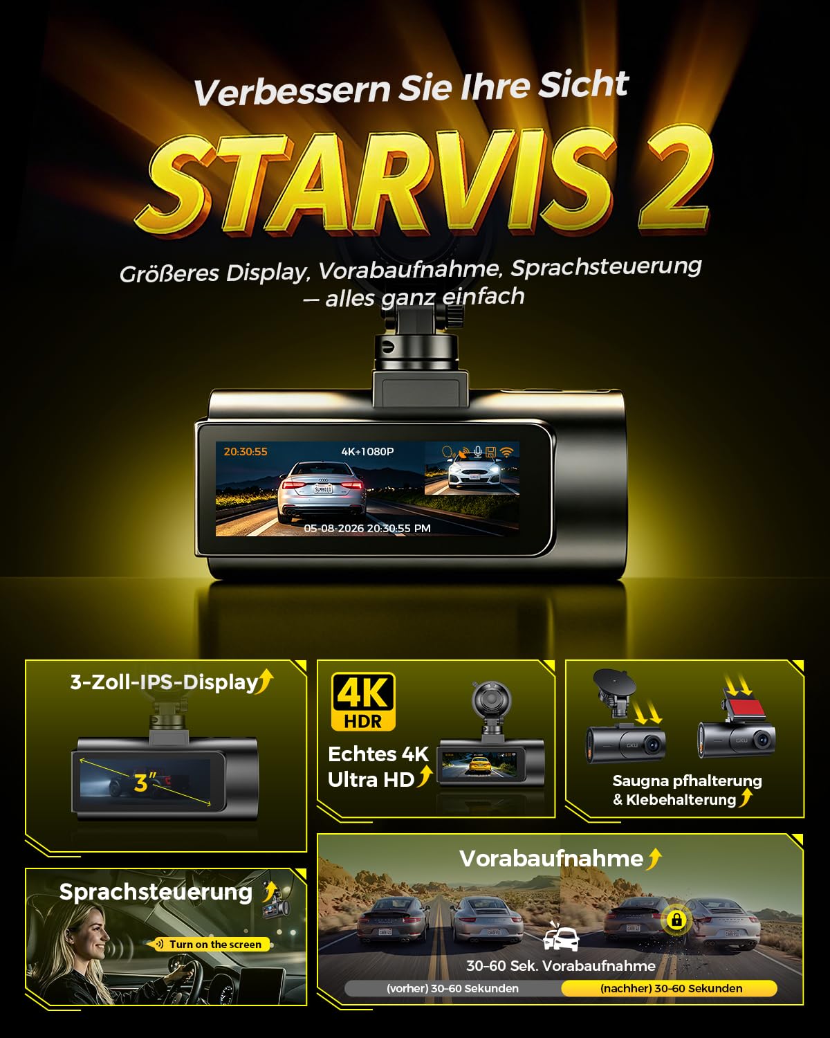 GKU Dashcam Auto Vorne Hinten 4K mit STARVIS 2, Dash Cam Auto