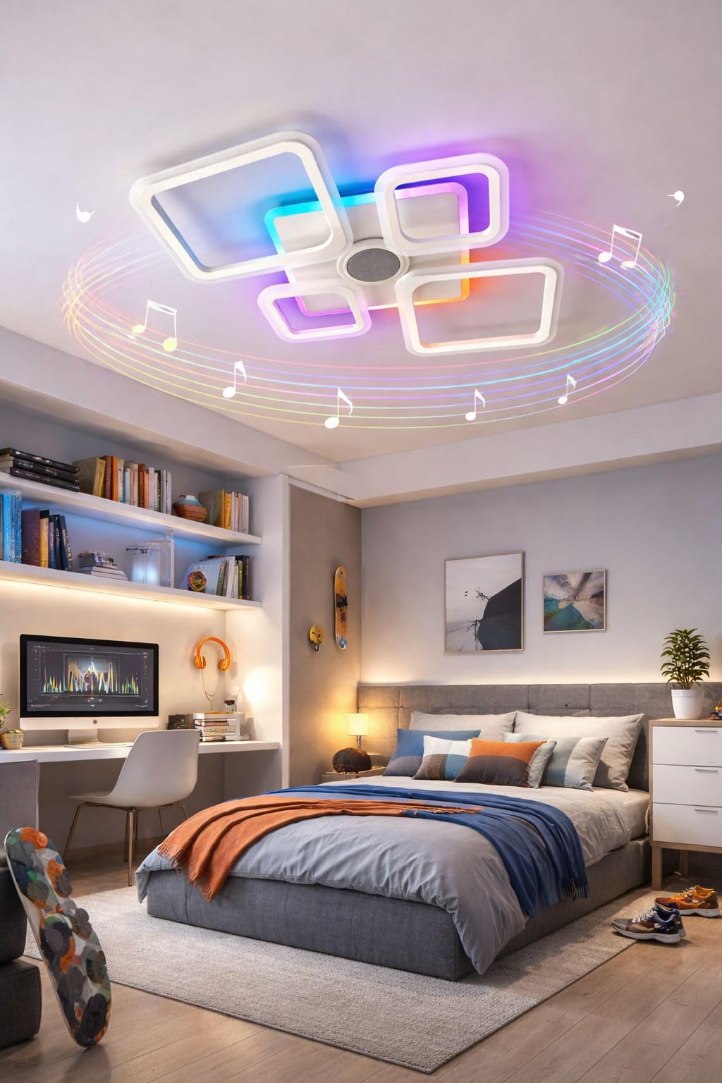 Partenopea Plafoniera LED 70W Smart RGB+CCT con Cassa Bluetooth, Dimmerabile, 5 Quadranti Design Moderno 725x455mm, Telecomando e App, Luce Calda Naturale Fredda, Lampada Soffitto Interno Bianca