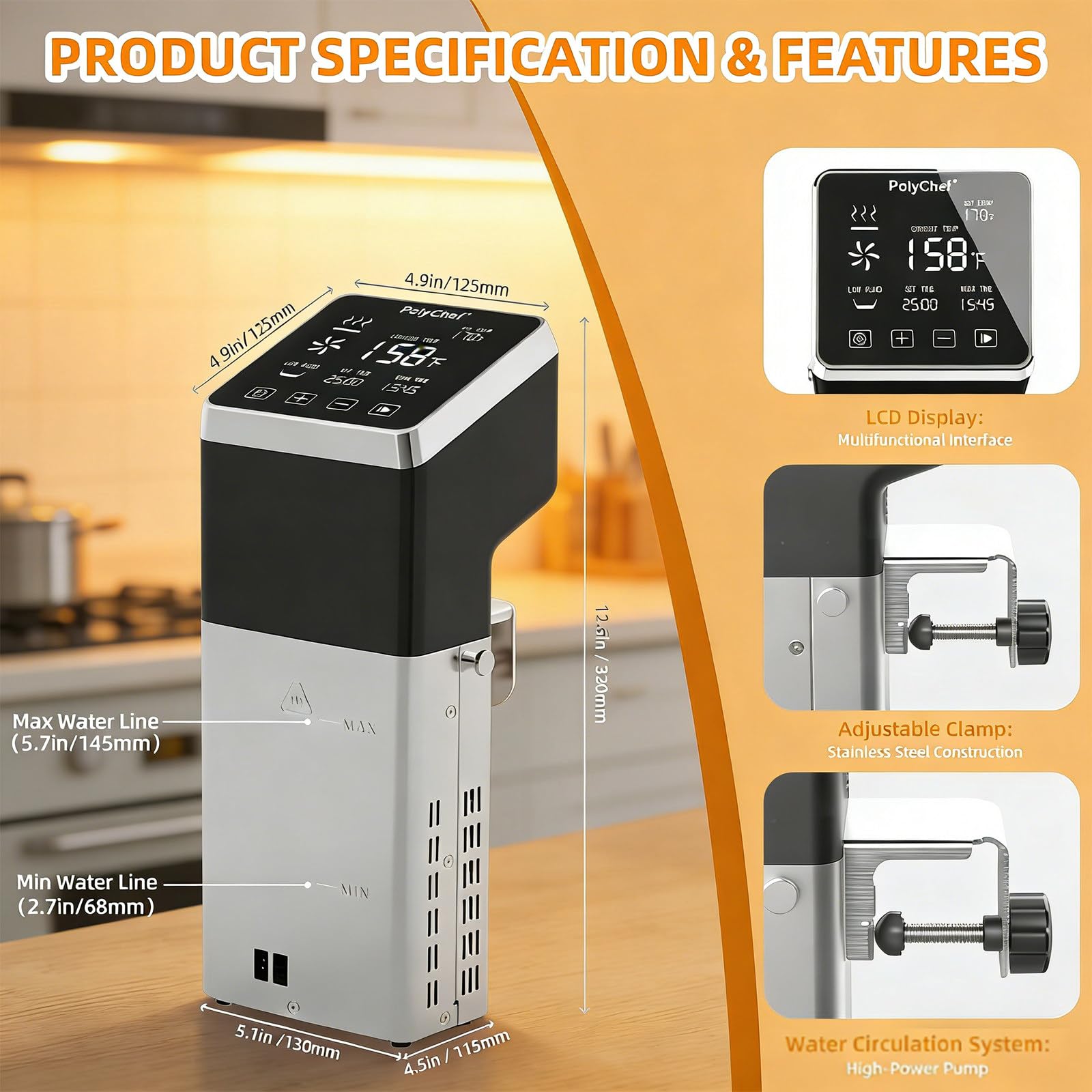 Cocinero Circulador Sous Vide de 1600W con Pantalla Táctil, Calentamiento Rápido, para Chefs, Carnes, Mariscos y Verduras en Casa
