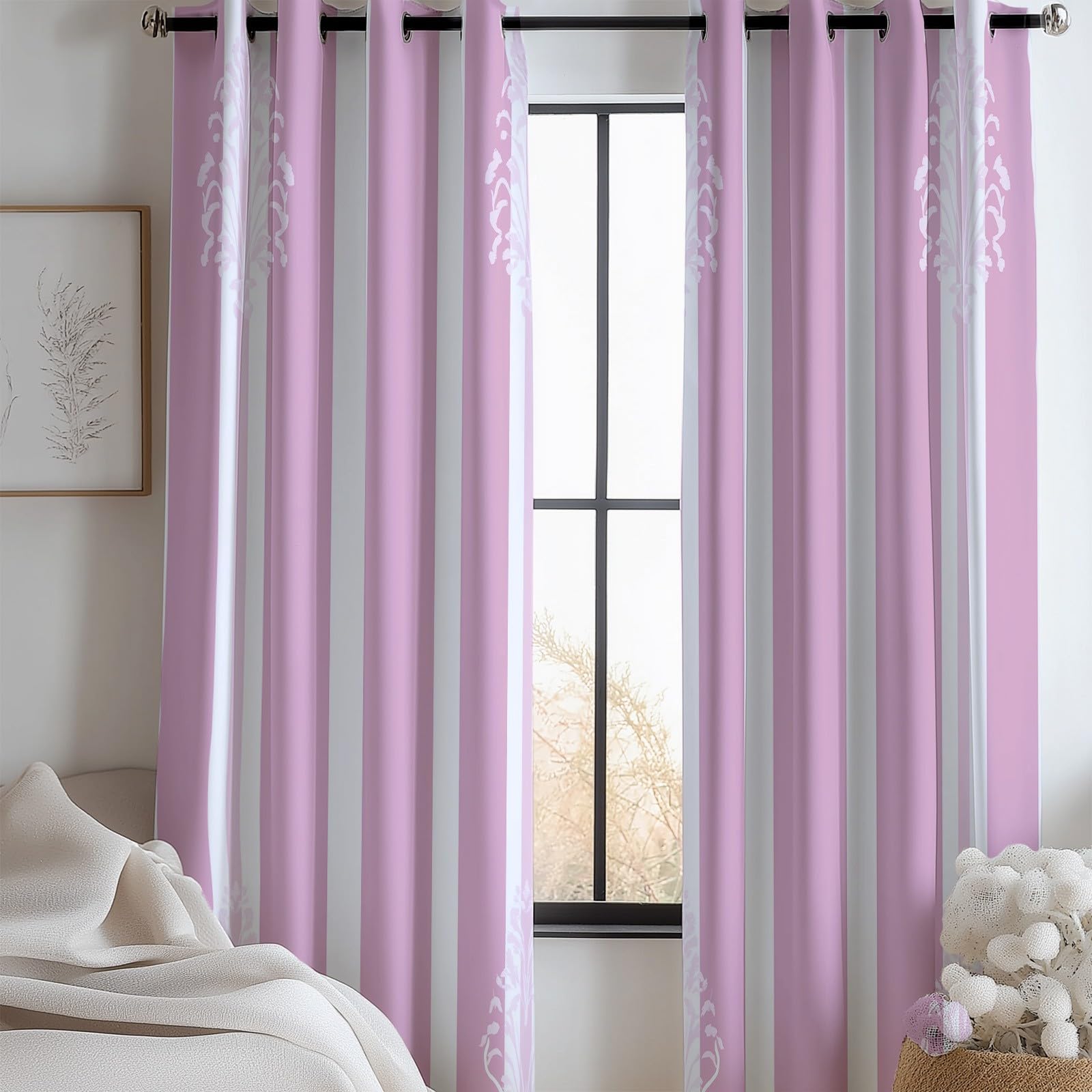 Białe pionowe paski zasłona zaciemniająca - izolowane termicznie zasłony odporne na zimno anty UV 2 sztuki 140 x 245 cm (szer. x wys.) fioletowe nieprzezroczyste zasłony z oczkami do
