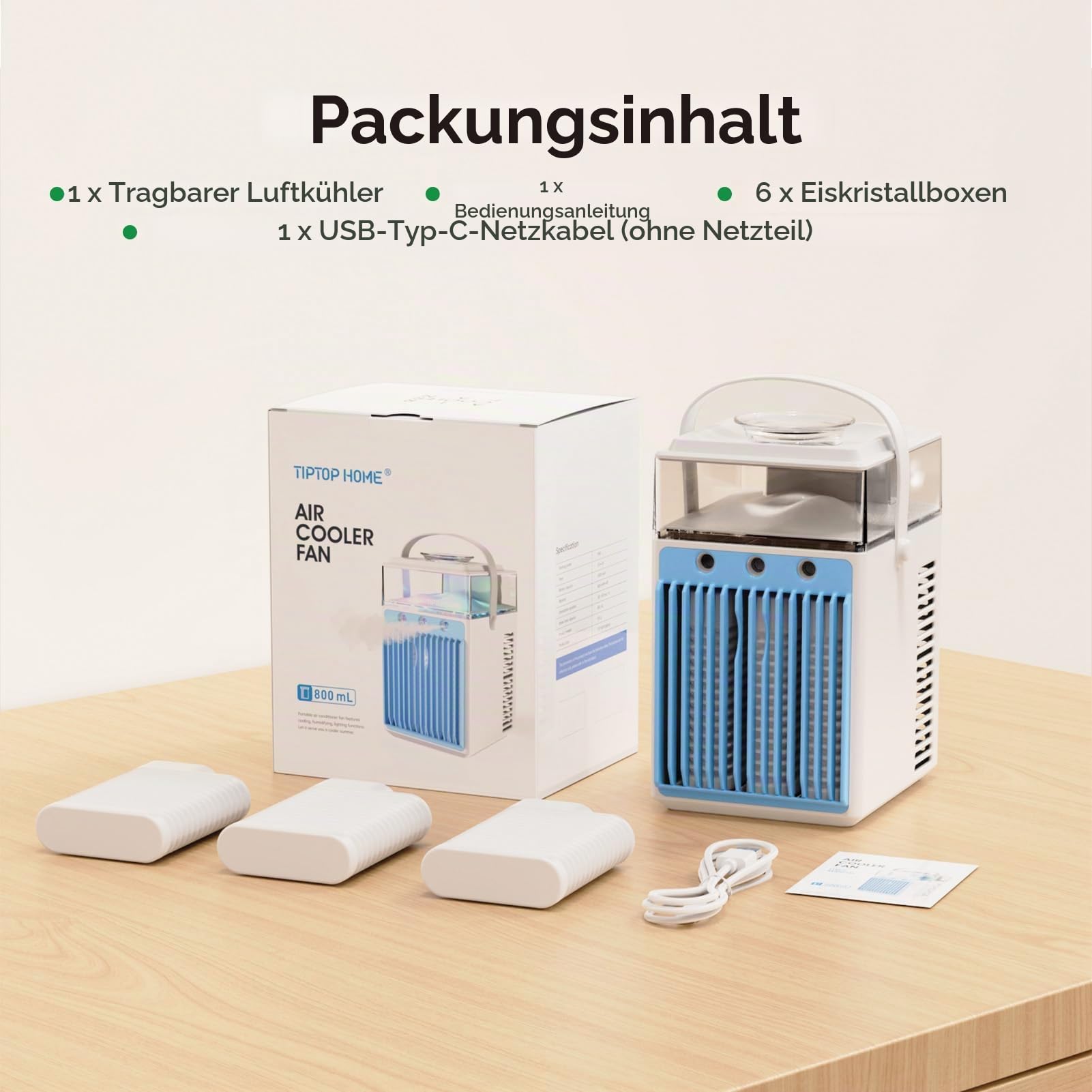 Mobile Klimaanlage, 5 in 1 Mini Klimagerät mit App-Steuerung, Persönlich Ventilator mit 800ml Wassetank, 3 Geschwindigkeiten, 3 Nebelmodi, Tragbarer Klimaanlage für Zimmer Büro