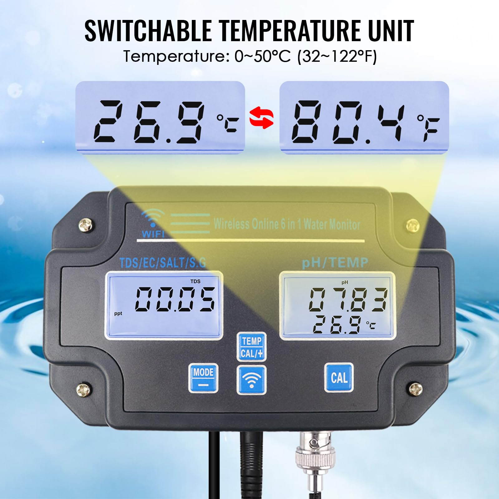 Probador de calidad de agua WLAN, monitor de pH 6 en 1, mide pH/EC/TDS/salinidad/peso y temperatura, monitoreo de aplicaciones en línea las 24 horas y almacenamiento de curvas de datos, medidor de pH
