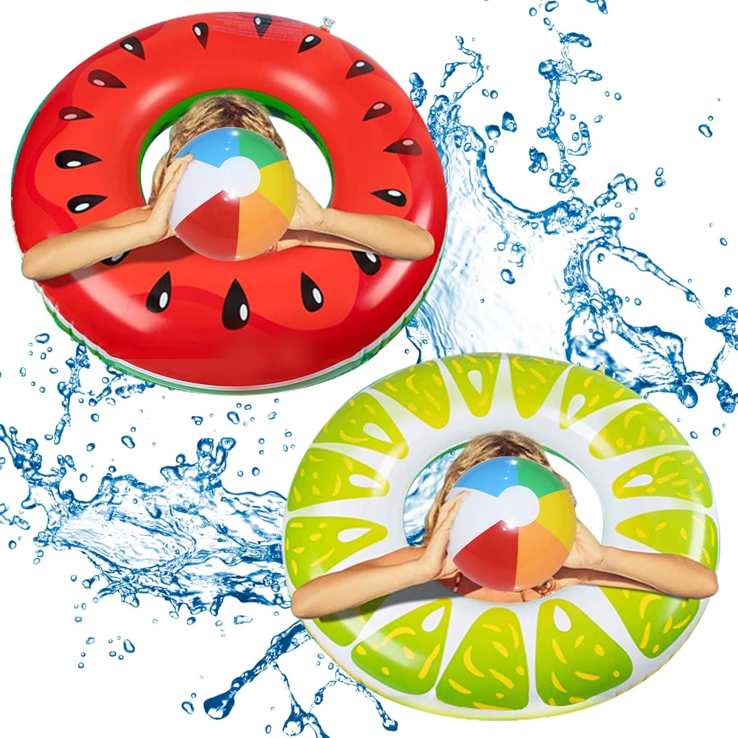 3 Pcs Pool Inflatables for Adults, Swimming Rubber Ring, Watermelon Lemon Fruit Inflatable Swimming Rings, With 2 12 Inch Beach Balls, Ideal for Pool Beach Lake Party Decorations