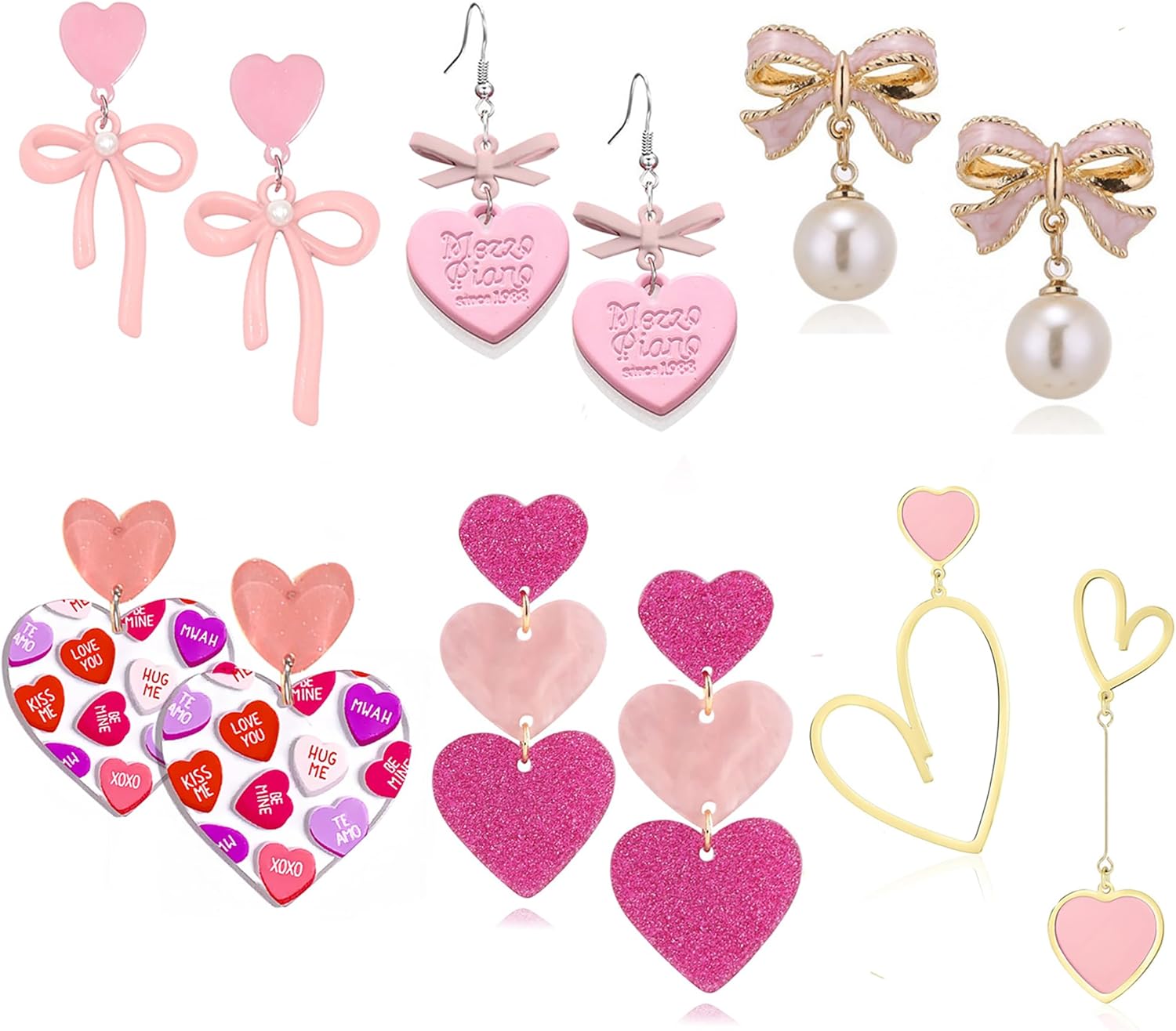 6 Pairs Valentine's Day Earrings for Women Valentines Heart Bow Earring Stud Holiday Dangle Earrings Bulk for Women Holiday Jewelry Gifts for Women