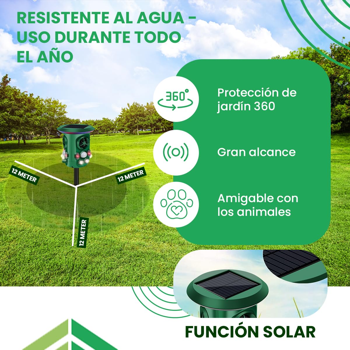Repelente de Gatos Fleau Garden Pro - Repelente de Animales - Ultrasónico - Energía Solar - Repelente de martas - de Palomas - de plagas - Resistente al Agua