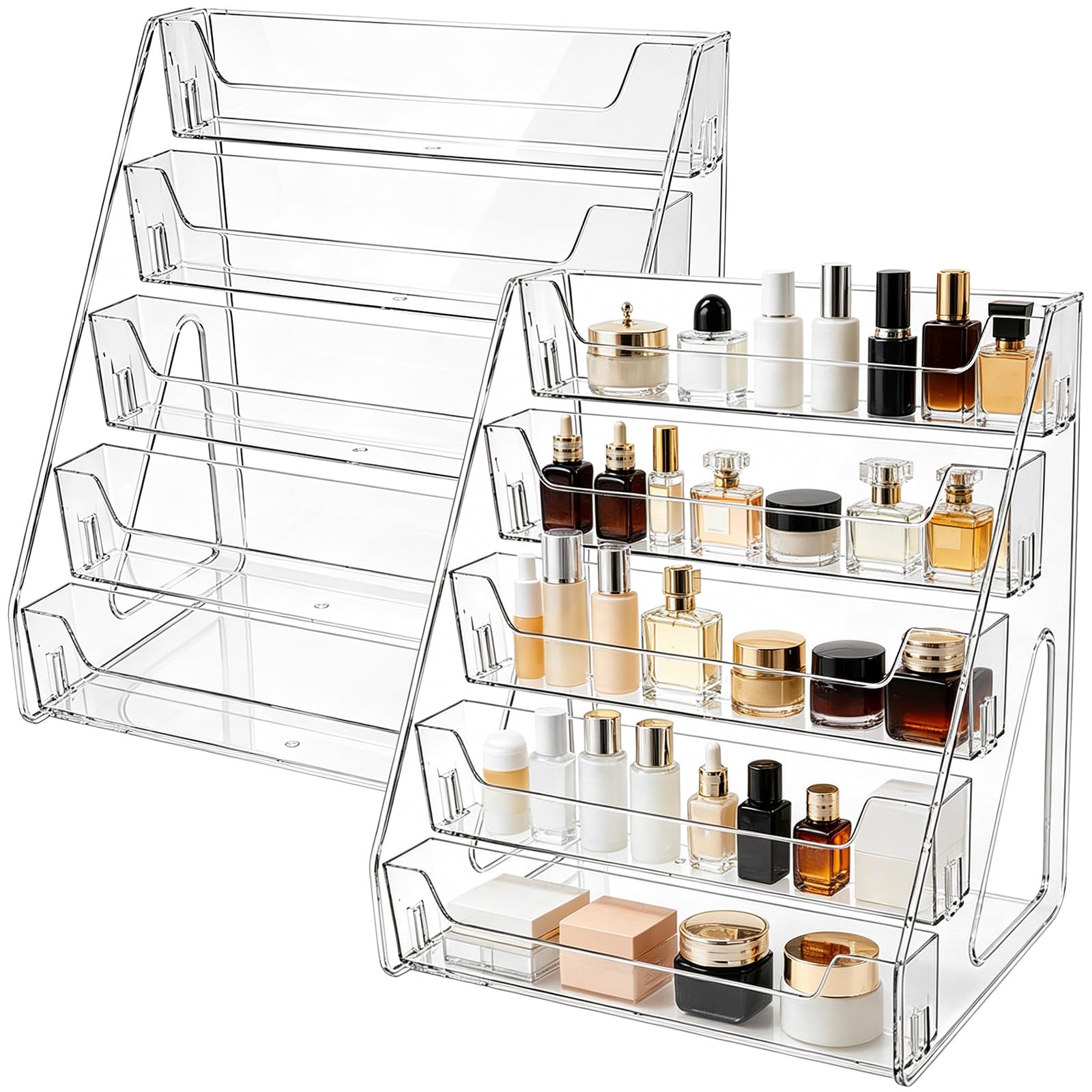 2 Pack 5-Tier Transparent Card Display, 12.0 x 8.5 x 13.0 in Display Shelves, Vertical Card Rack with Stepped Structure for Trading Sports Cards, Cosmetics and Skincare Organizer