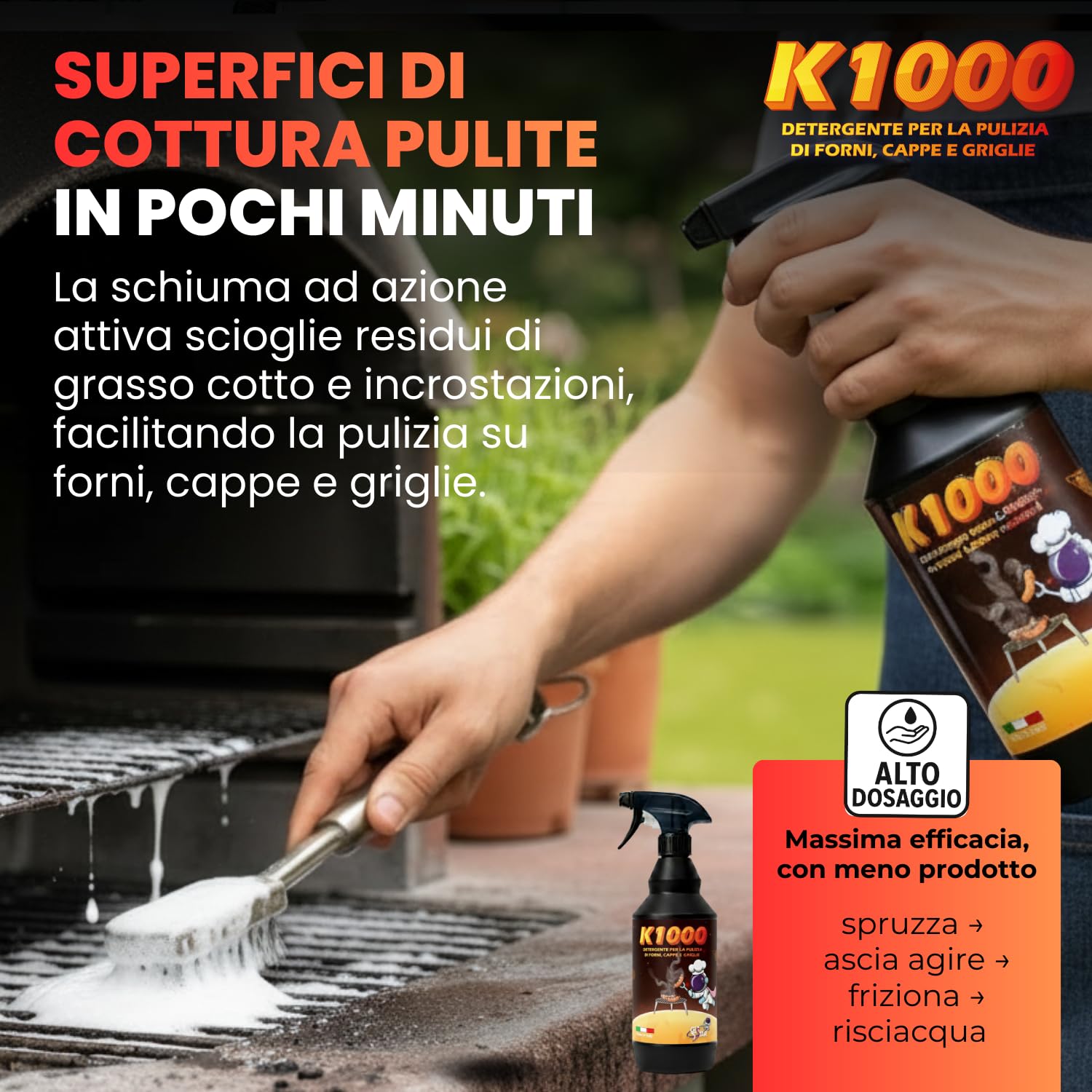 Detergente Pulizia Forno K1000 | Sgrassatore per Grasso Cotto e Incrostazioni | Griglia Barbecue, Grill e Cappe | Spray Uso Puro o Diluito | 750 ml Made in Italy