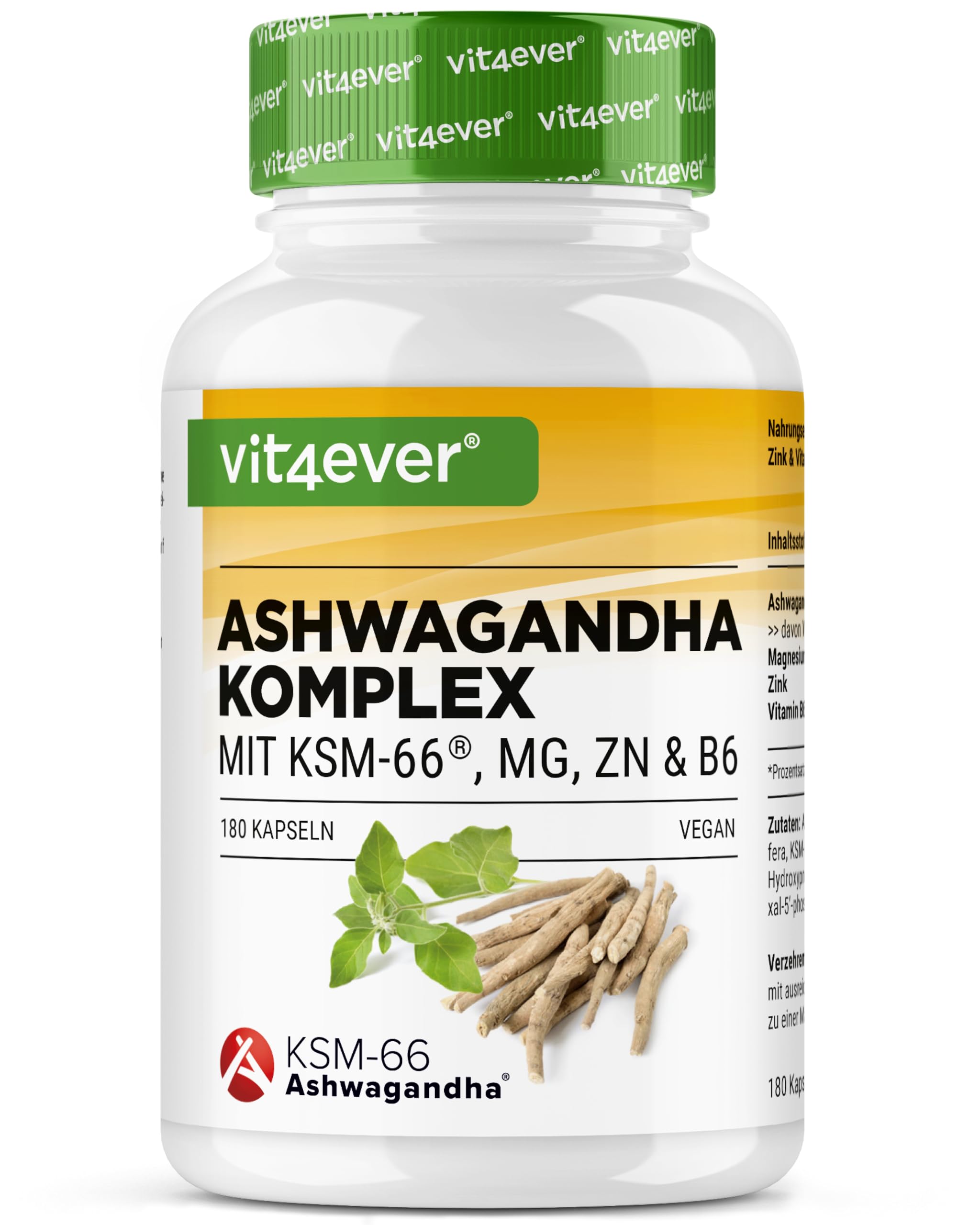 Complesso di Ashwagandha KSM-66® - 180 capsule - 600 mg di ashwagandha al giorno - Con magnesio, zinco e vitamina B6 - Senza additivi - Altamente dosato - Vegan