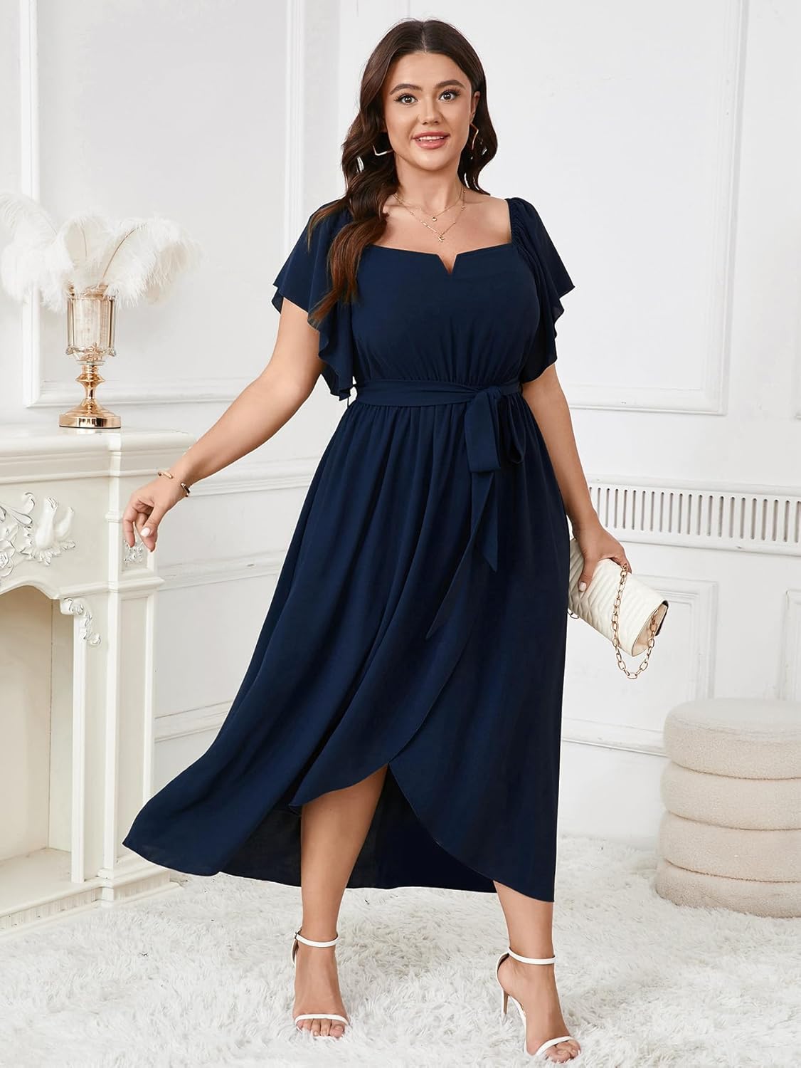 Women's Plus Size Maxi Dress Short Sleeve Square Neck Flowy A Line Wedding Guest Cocktail Long Dress - Image 5